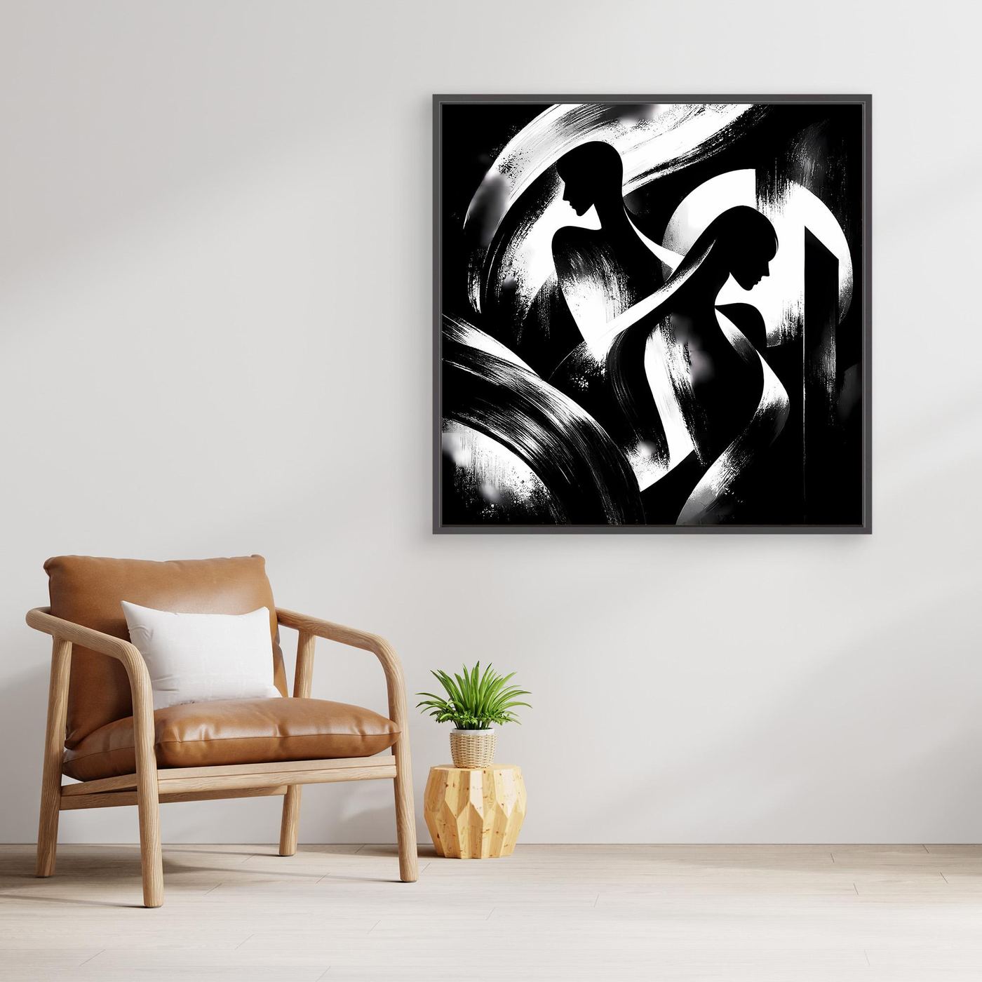 Wandbild auf Leinwand mit schwarz-weißen abstrakten Silhouetten, Rahmen sichtbar