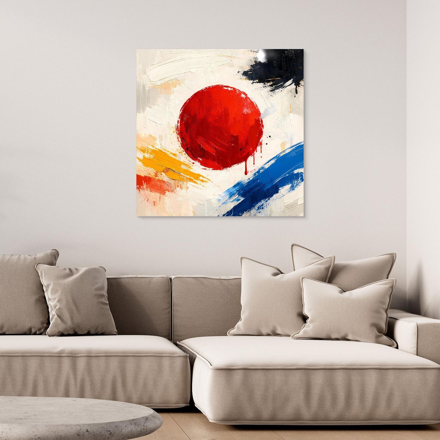 Abstract canvas wall art with red circular sun, blue brushstroke, and white-beige paint.