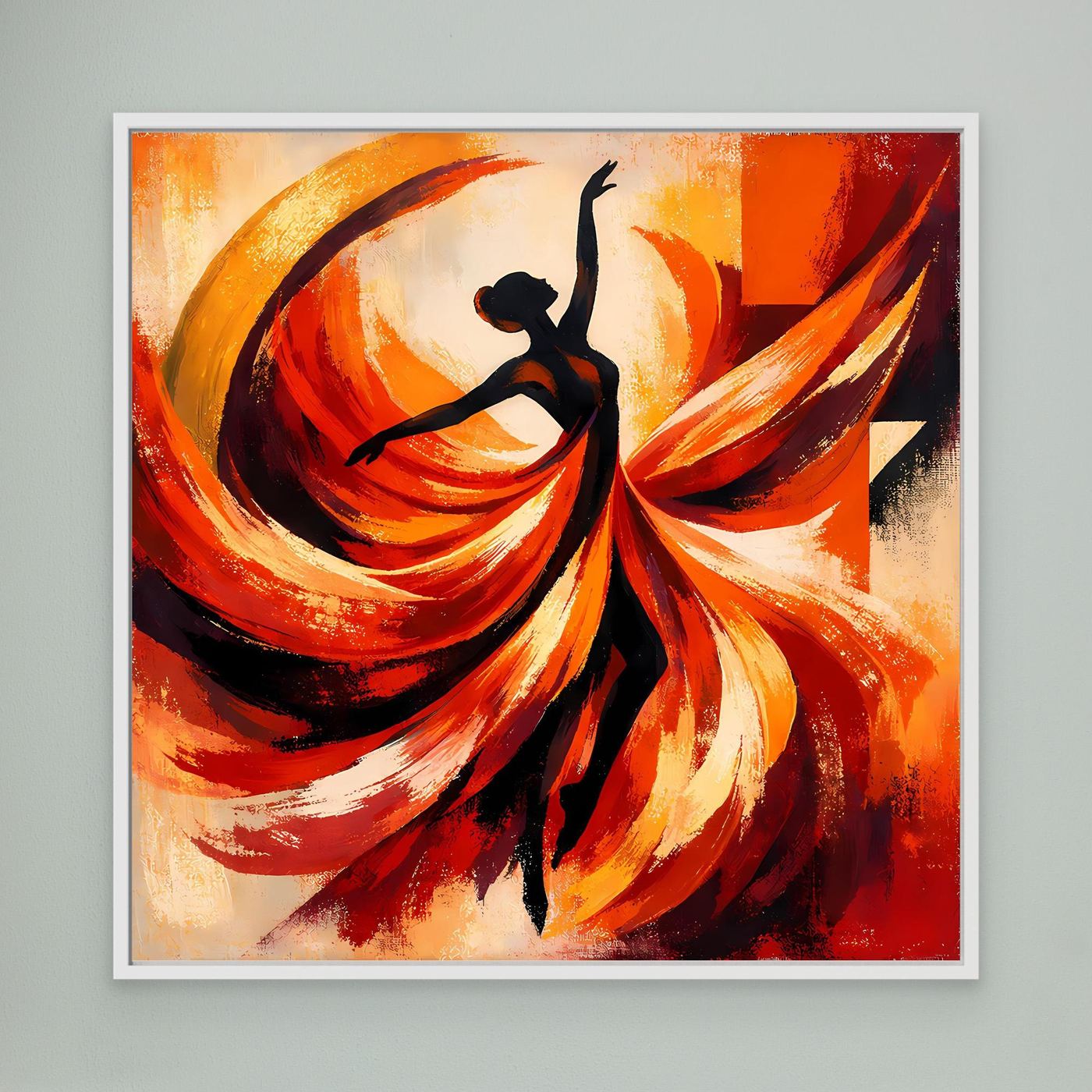 Leinwandbild mit weißem Rahmen: abstrakte Ballerina, Rot-Orange, schwarze Silhouette.