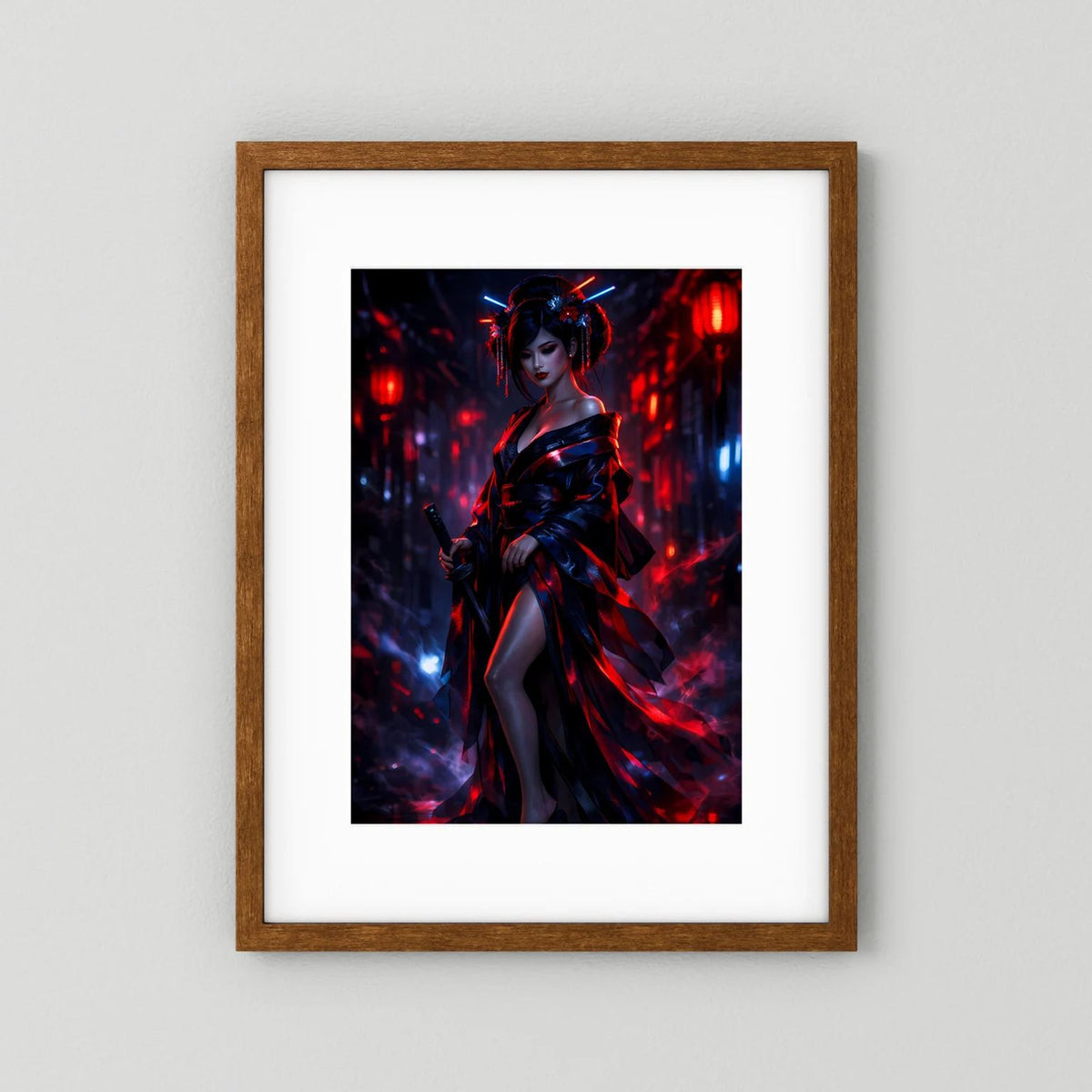 Senkrechtes Wandposter mit Samurai-Kriegerin, Katana in der Hand, Neon-rot/blau, brauner Holzrahmen