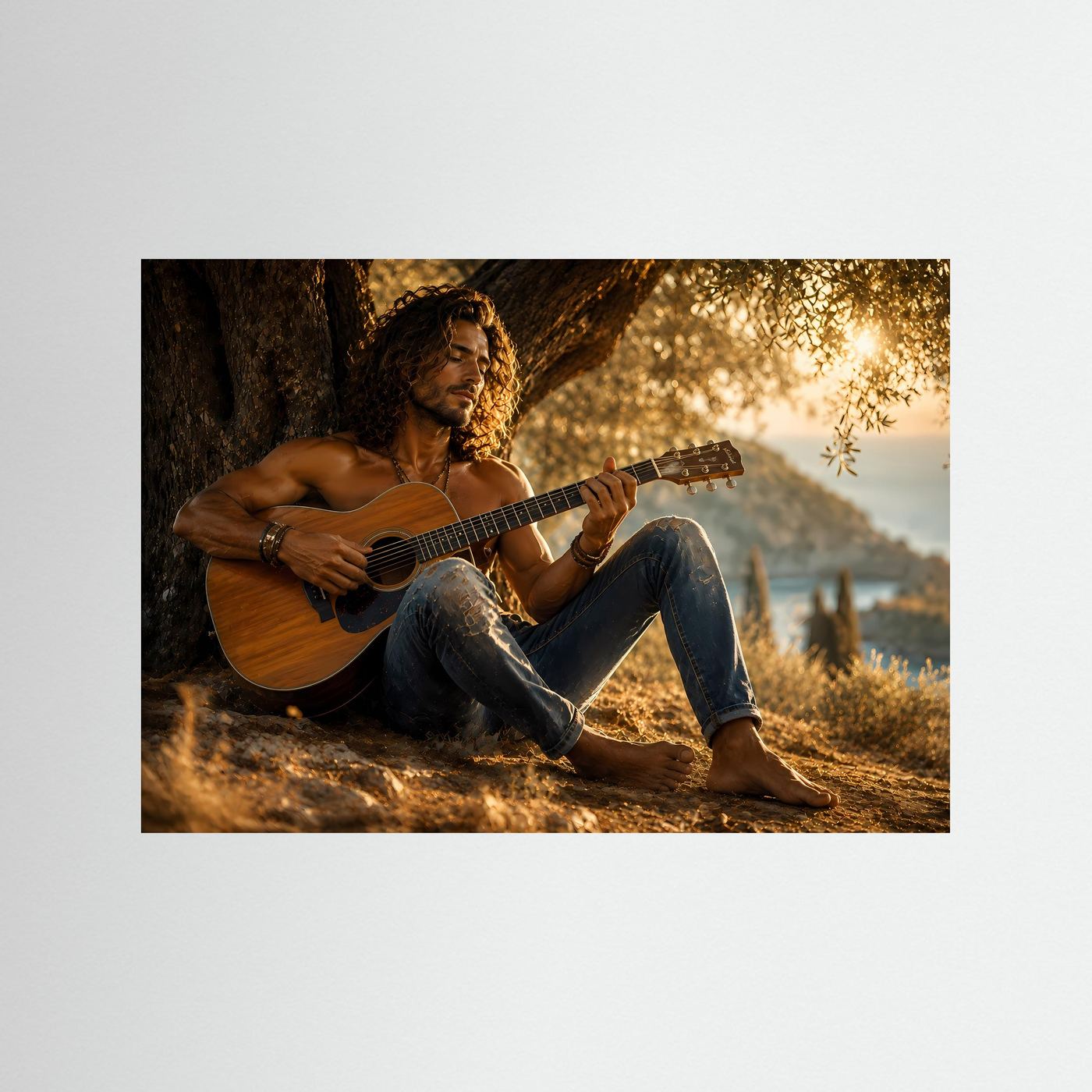 Querformat-Poster mit sitzendem Gitarristen und brauner Akustikgitarre, schwarzer Holzrahmen