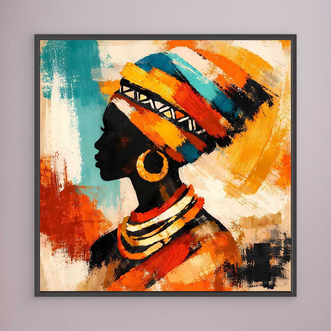 Dark-framed abstract canvas wall art with a woman profile silhouette and vibrant multicolor headwrap