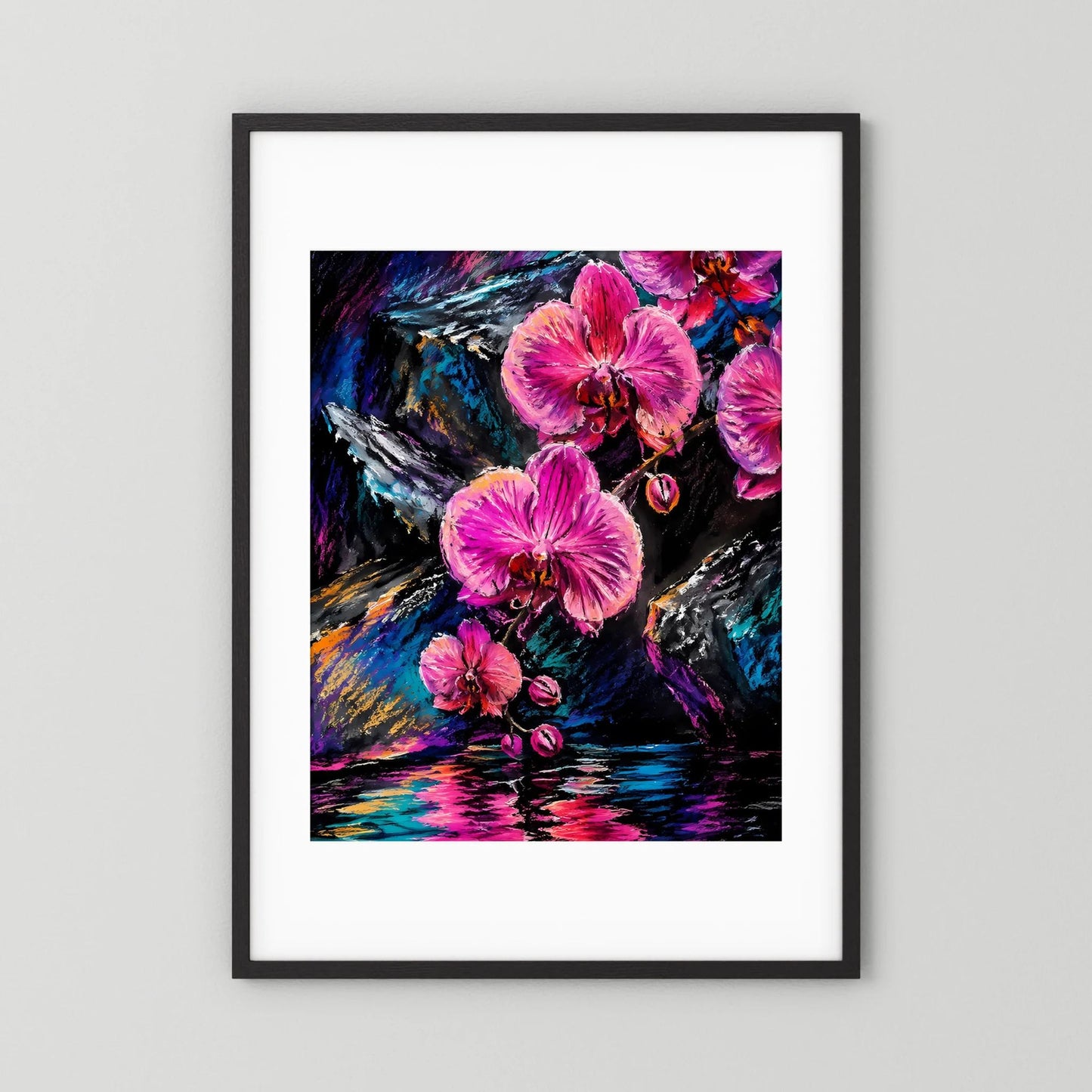 Abstraktes Orchideen-Poster mit pinken Blüten, schwarzer Rahmen mit weißem Passepartout.