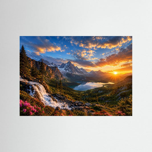 Panorama-Naturposter im Querformat mit Alpen-Wasserfall bei Sonnenuntergang, blauer Holzrahmen.