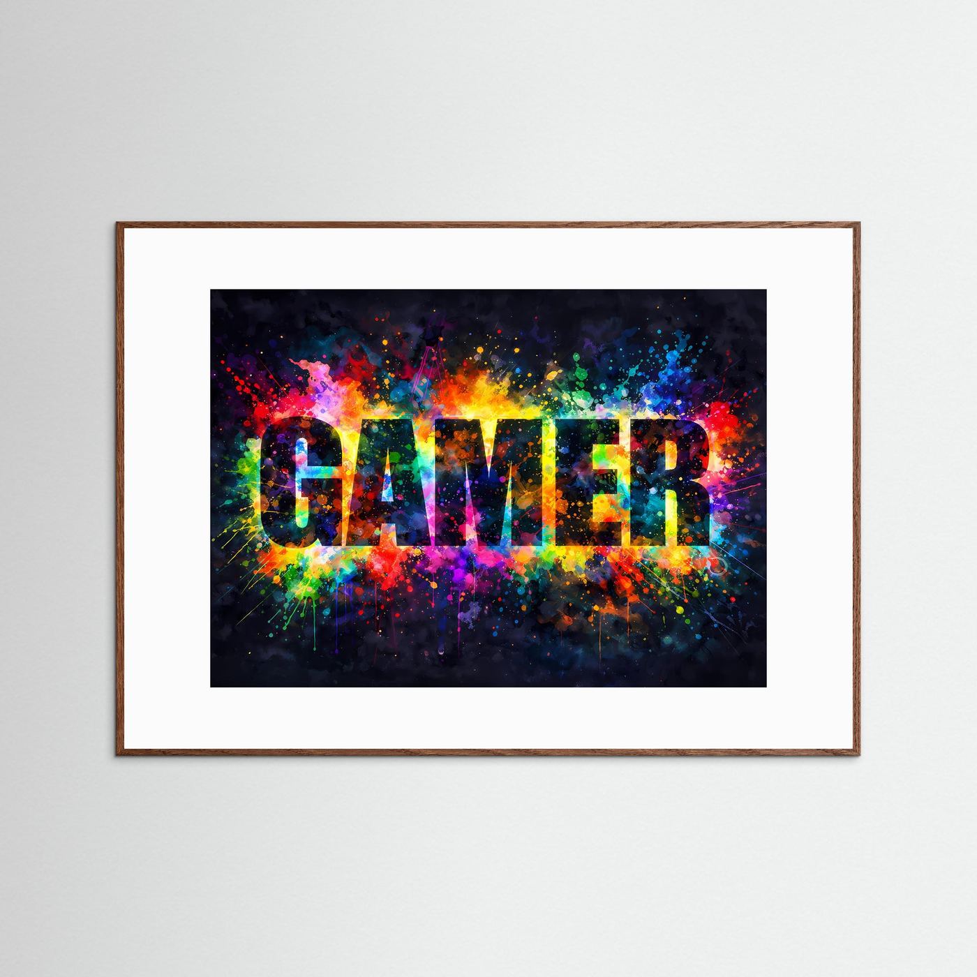 Gaming-Poster Querformat mit Pop-Art „GAMER“ im Farbsplash, brauner Rahmen