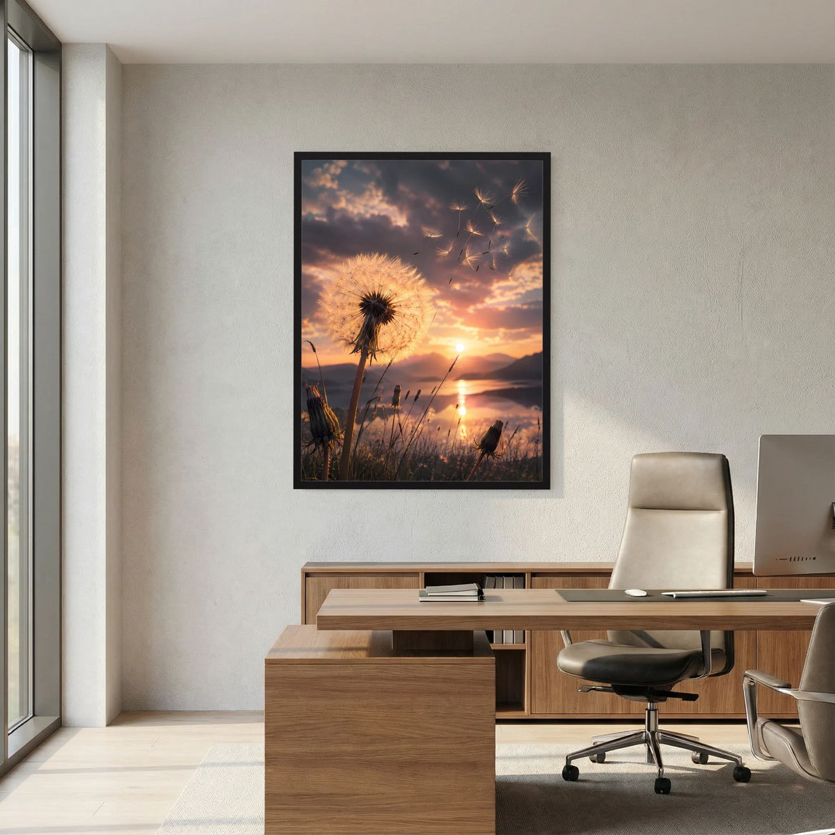 Hochformatiges Poster mit Pusteblume im Sonnenuntergang, schwarzer Rahmen