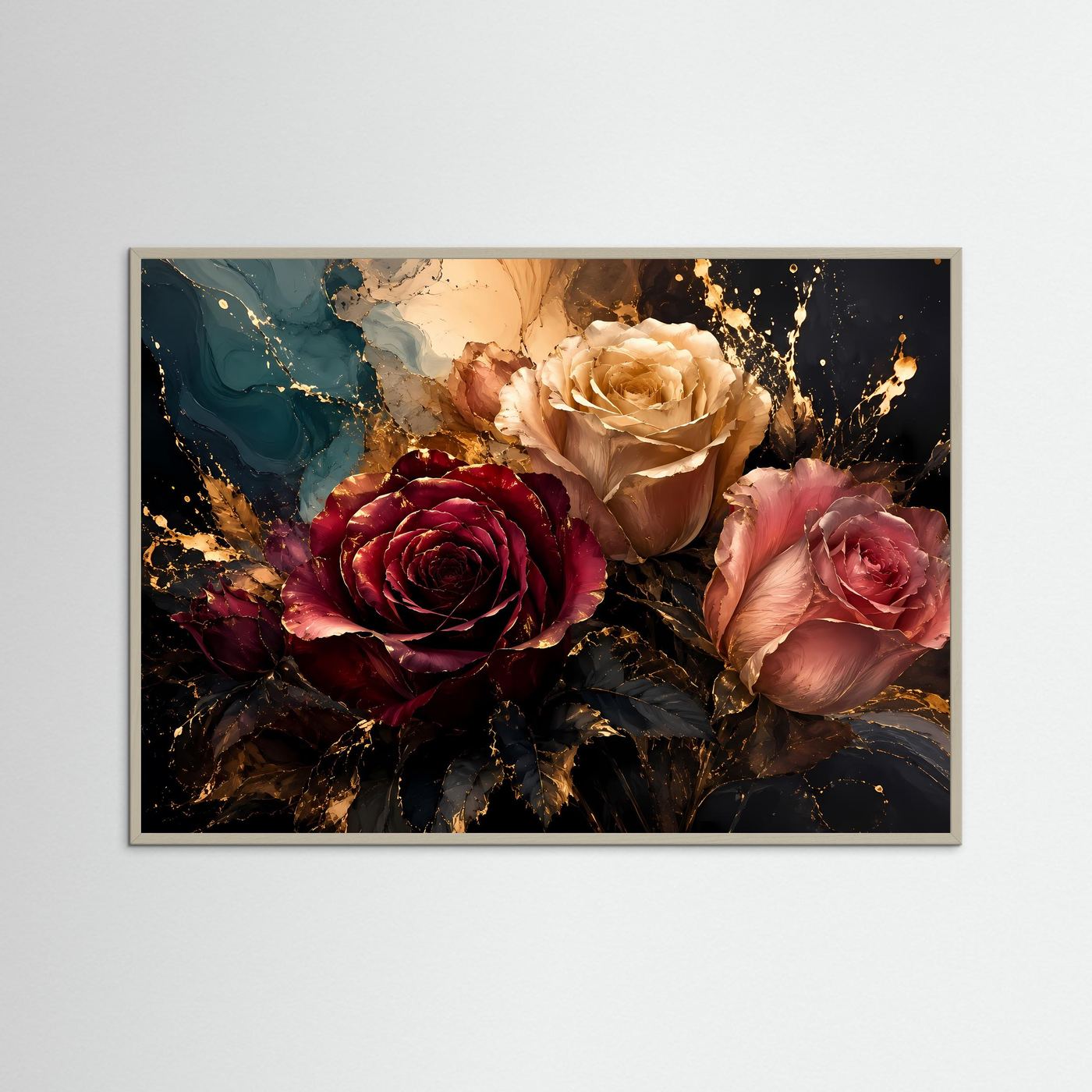 Elegante Rosen mit Goldakzenten | Modernes Blumen & Natur Poster im Querformat
