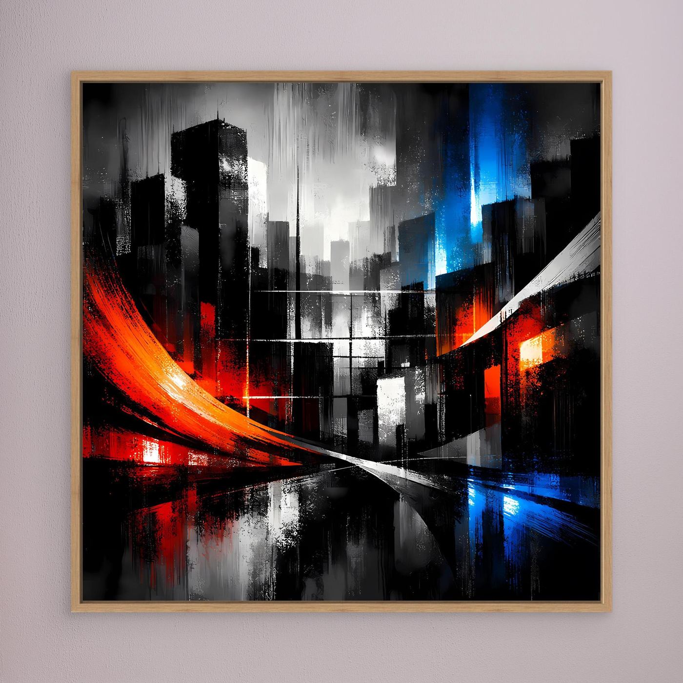 Leinwand-Wandbild mit abstrakter Skyline, rote und blaue Lichtspuren, Eichenrahmen