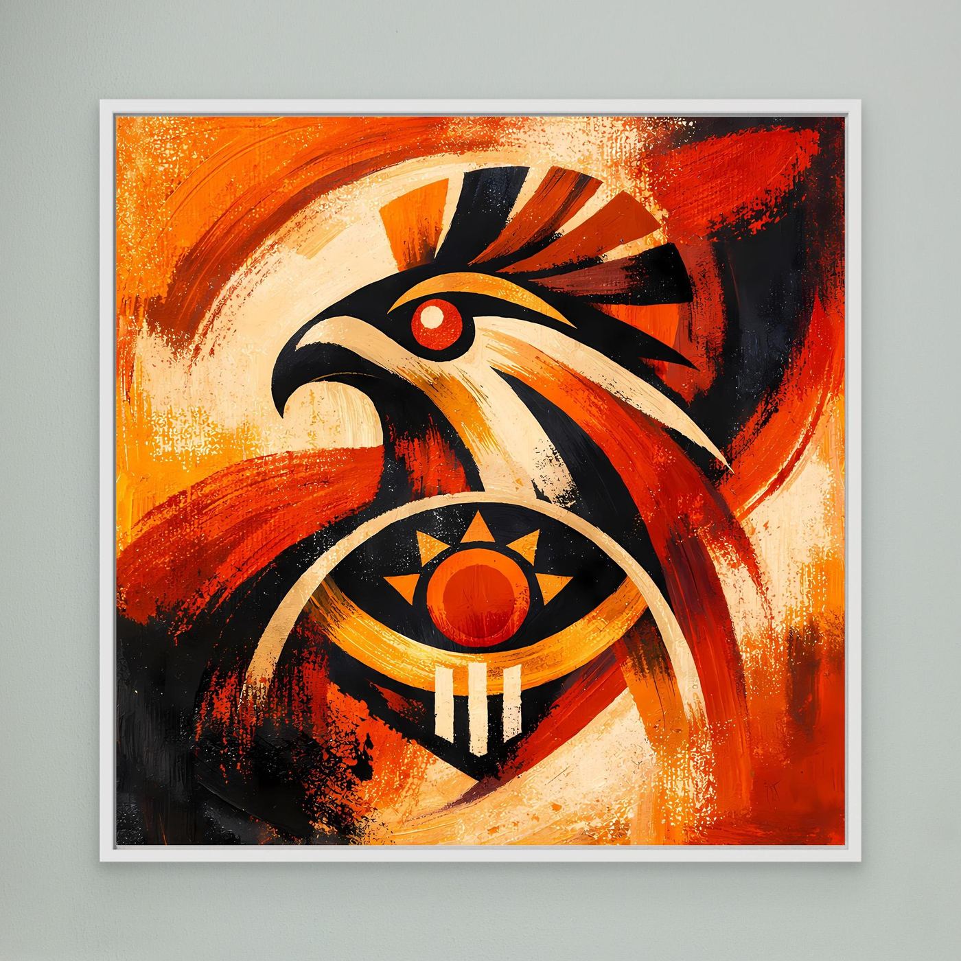 Wandbild mit abstraktem Falken- und Adler-Sonnensymbol, weiß gerahmt, orange-schwarz