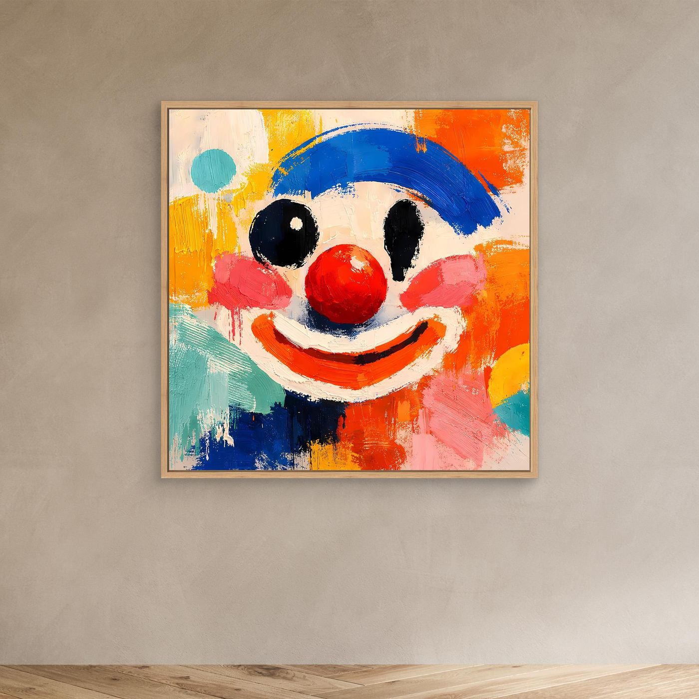 Leinwand-Wandbild mit Clown-Gesicht: blauer Hut, rote Nase, bunte abstrakte Pinselstriche