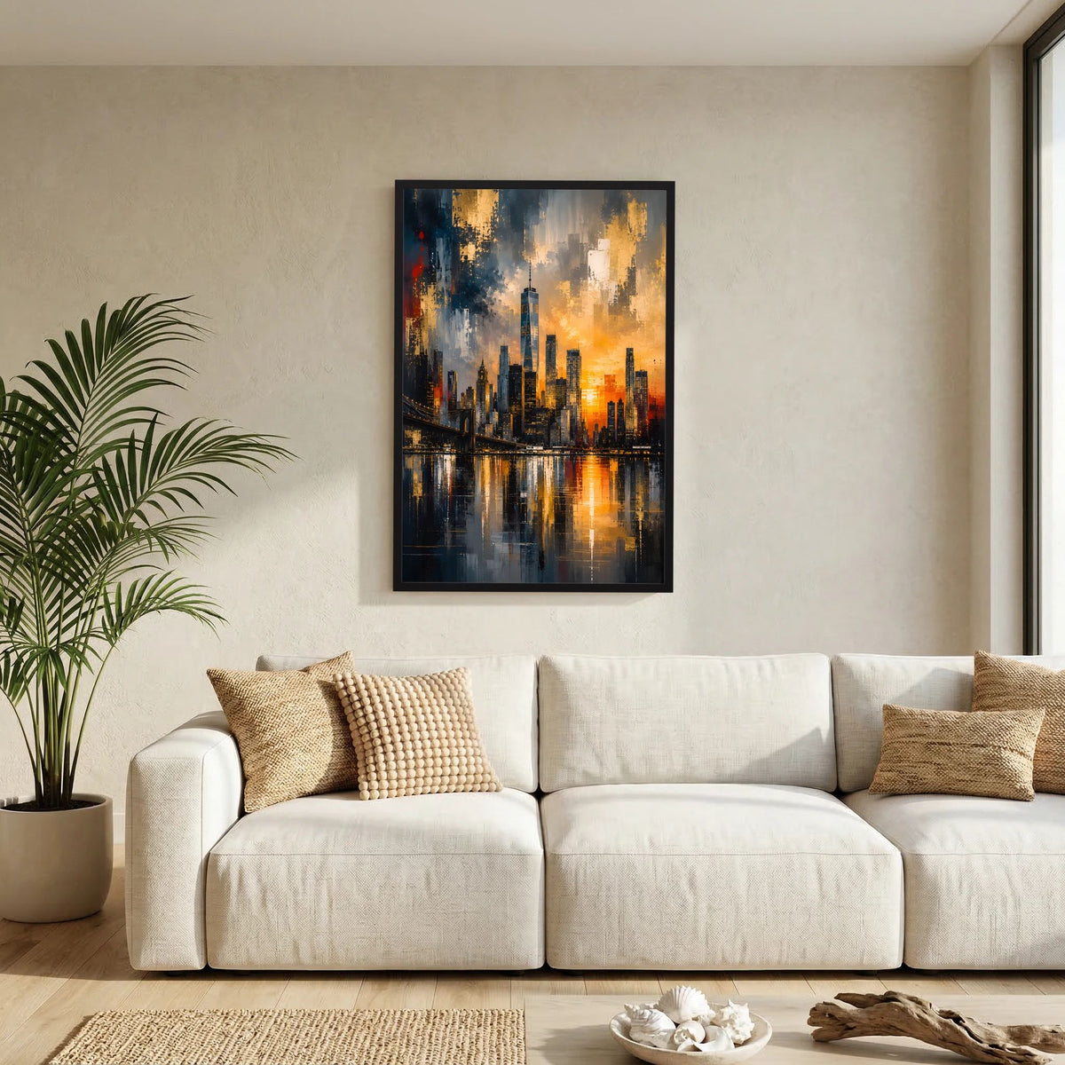 Wandposter mit abstrakter Skyline in Gold und Schwarz, im schwarzen Rahmen