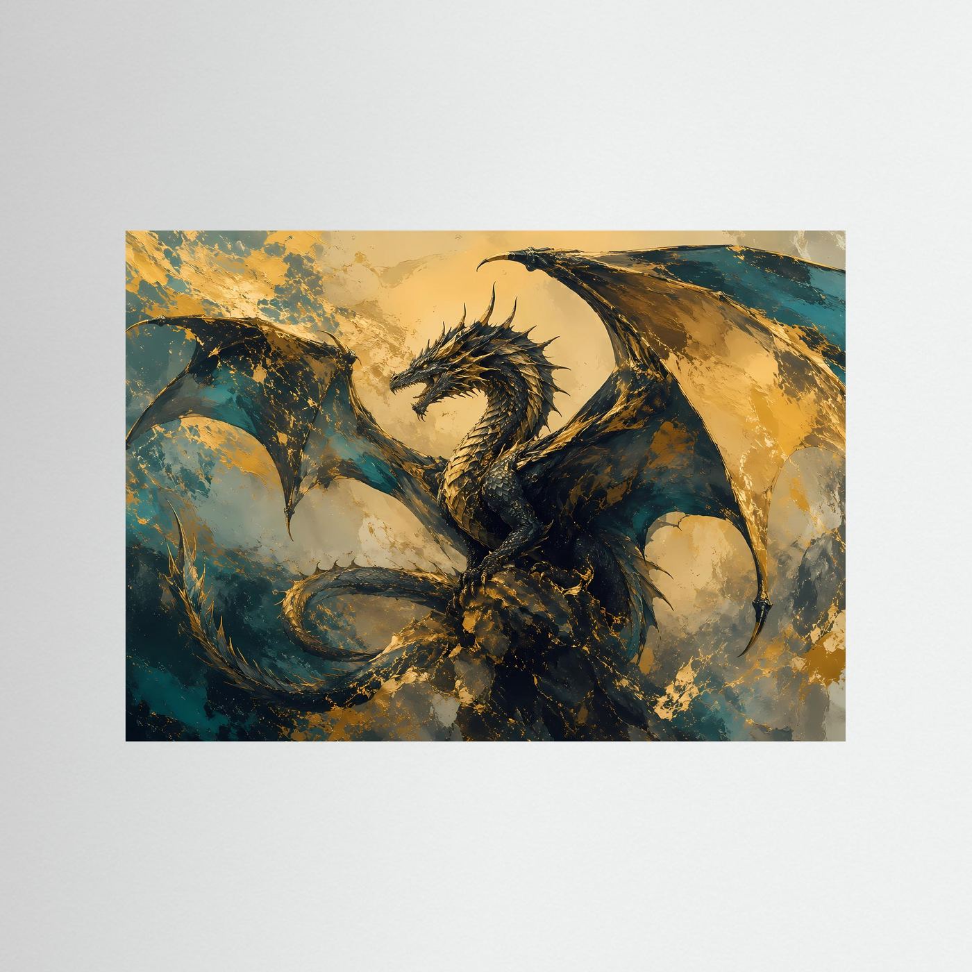 Fantasy-Poster mit majestätischem Drachen in Gold- und Blautönen, Querformat