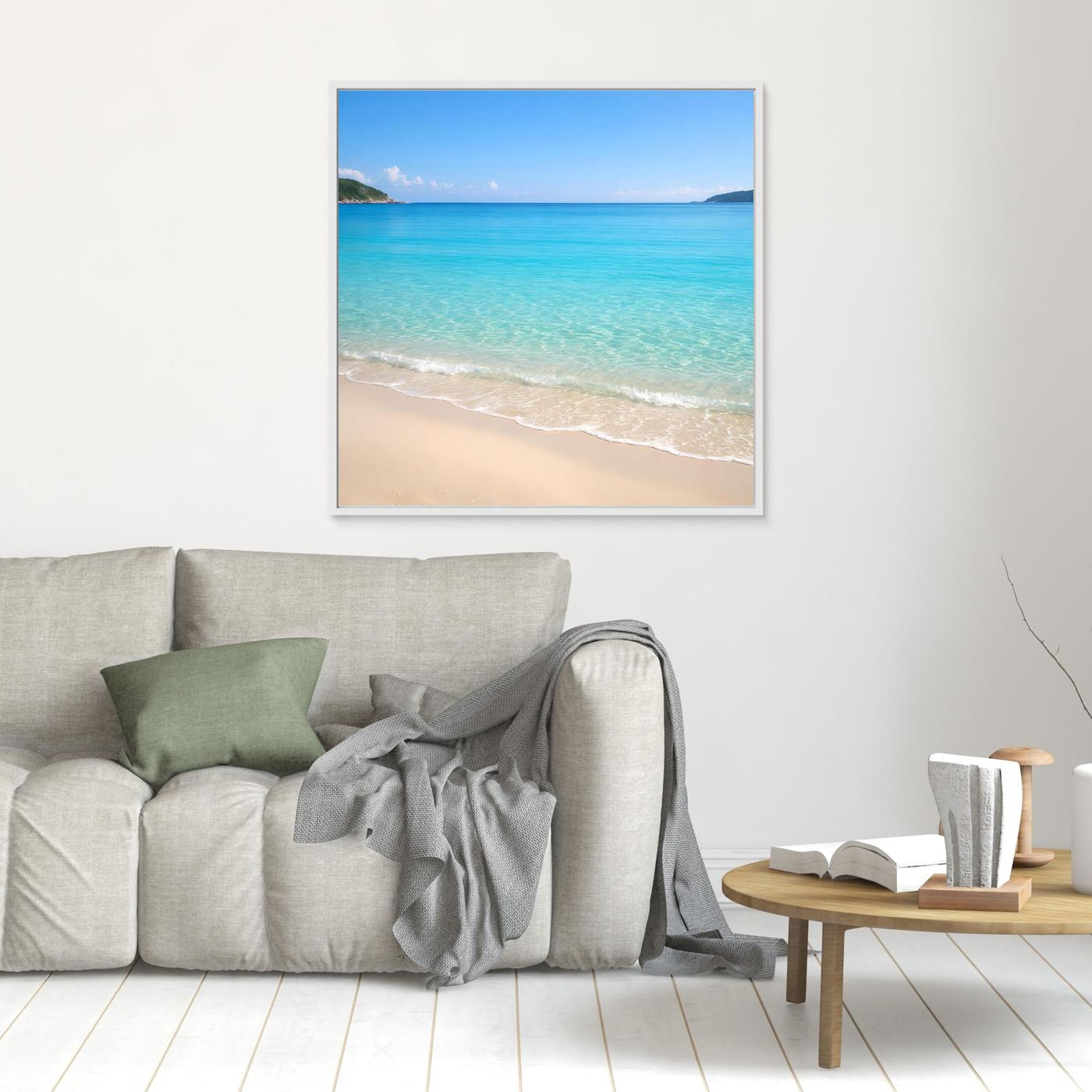 Kleines Leinwandbild mit tropischem Strandmotiv, türkisblaues Wasser und Sandstrand