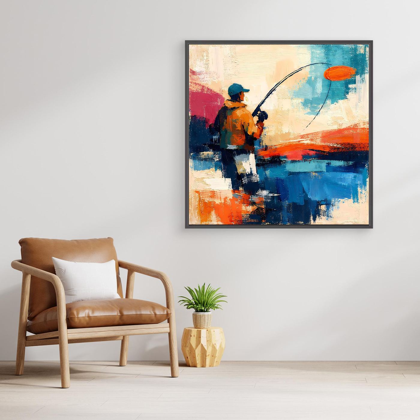 Dark-framed abstract fishing painting with orange, blue, and red strokes