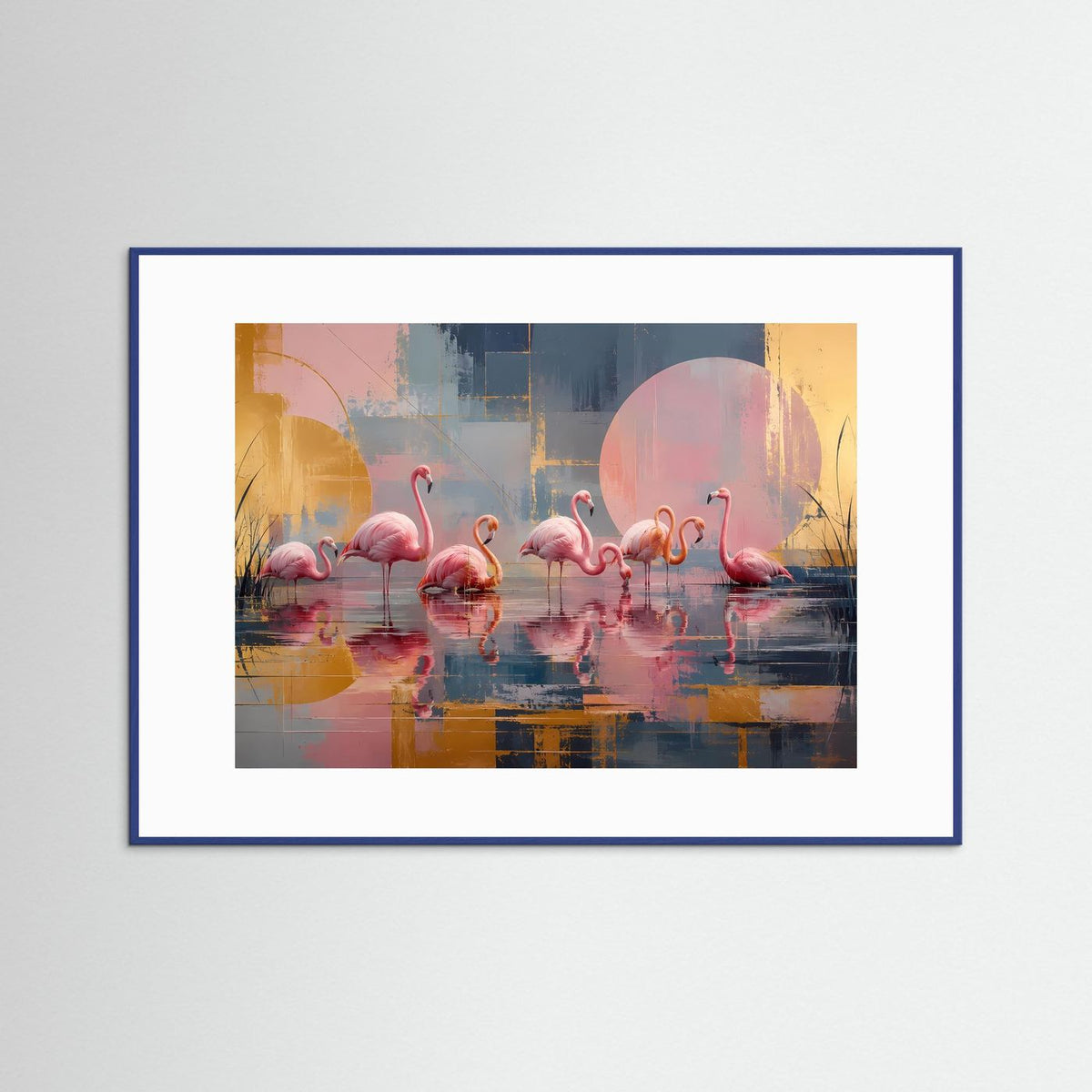 Gerahmtes Flamingo-Wandbild: rosa Flamingos, pastellfarbener See, Goldakzente, blauer Rahmen