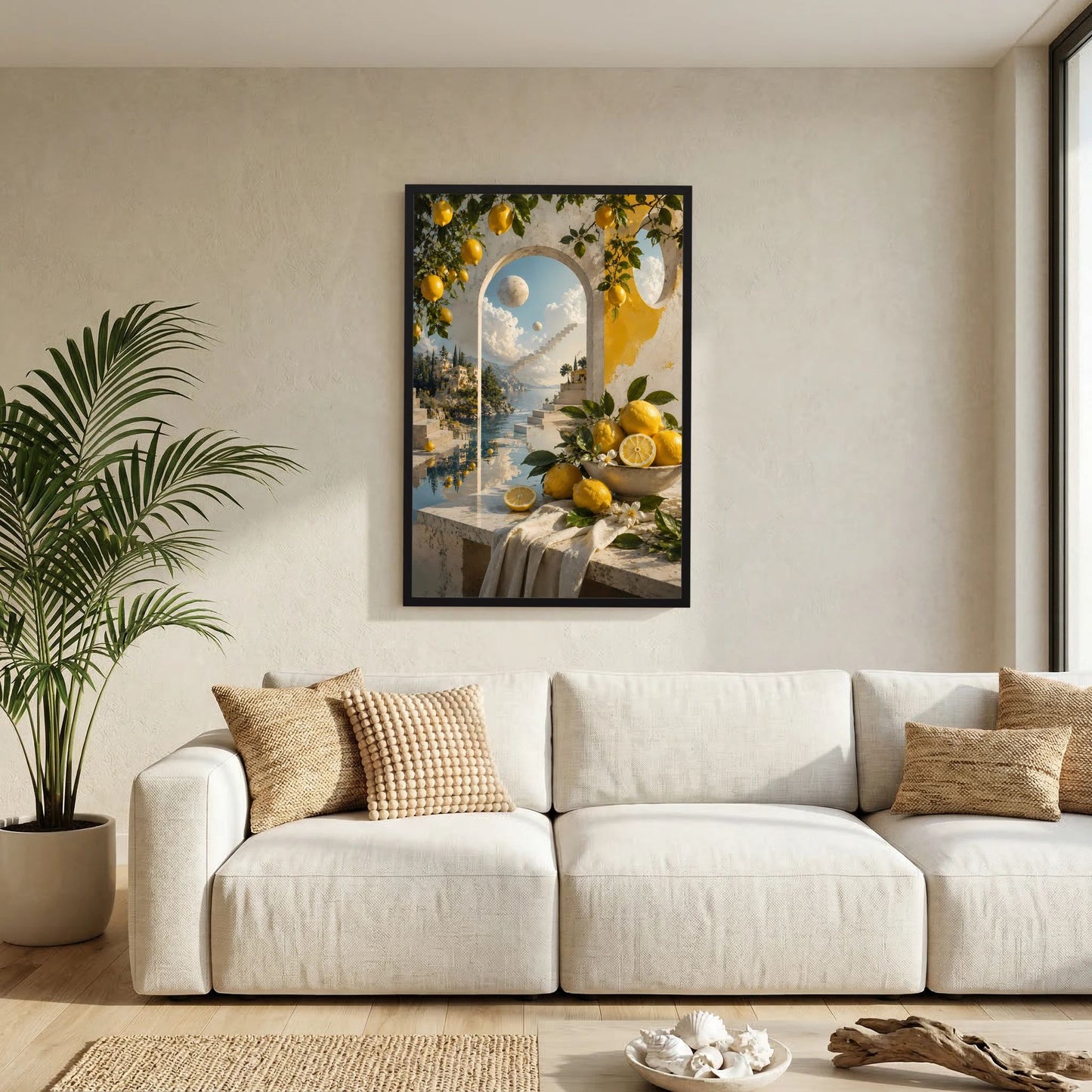 Kunstposter im Hochformat mit schwarzem Rahmen, Zitronen, Bogen und Küstenblick
