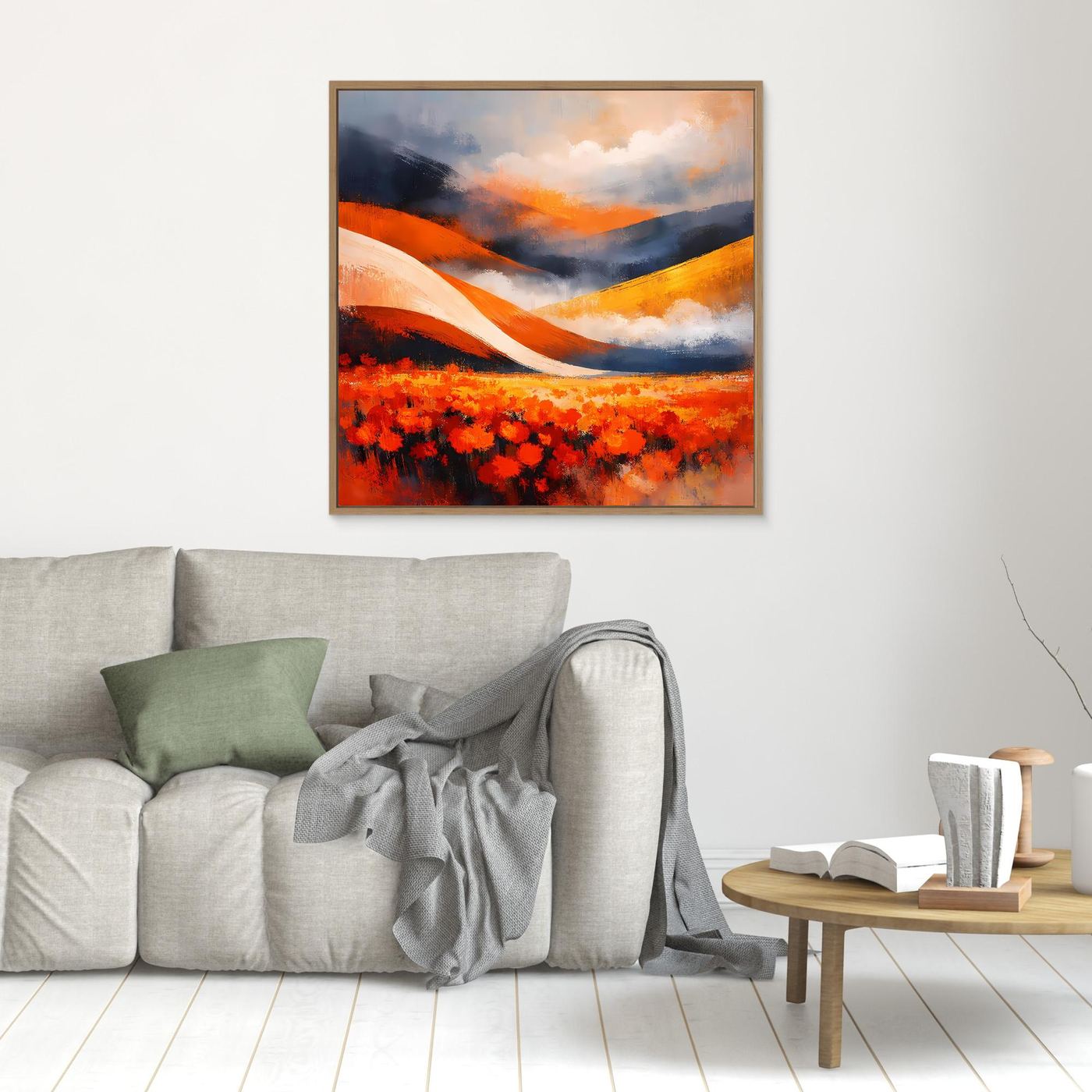Kleines Leinwandbild mit hellbraunem Rahmen: orangefarbene Hügel und rotes Mohnfeld.