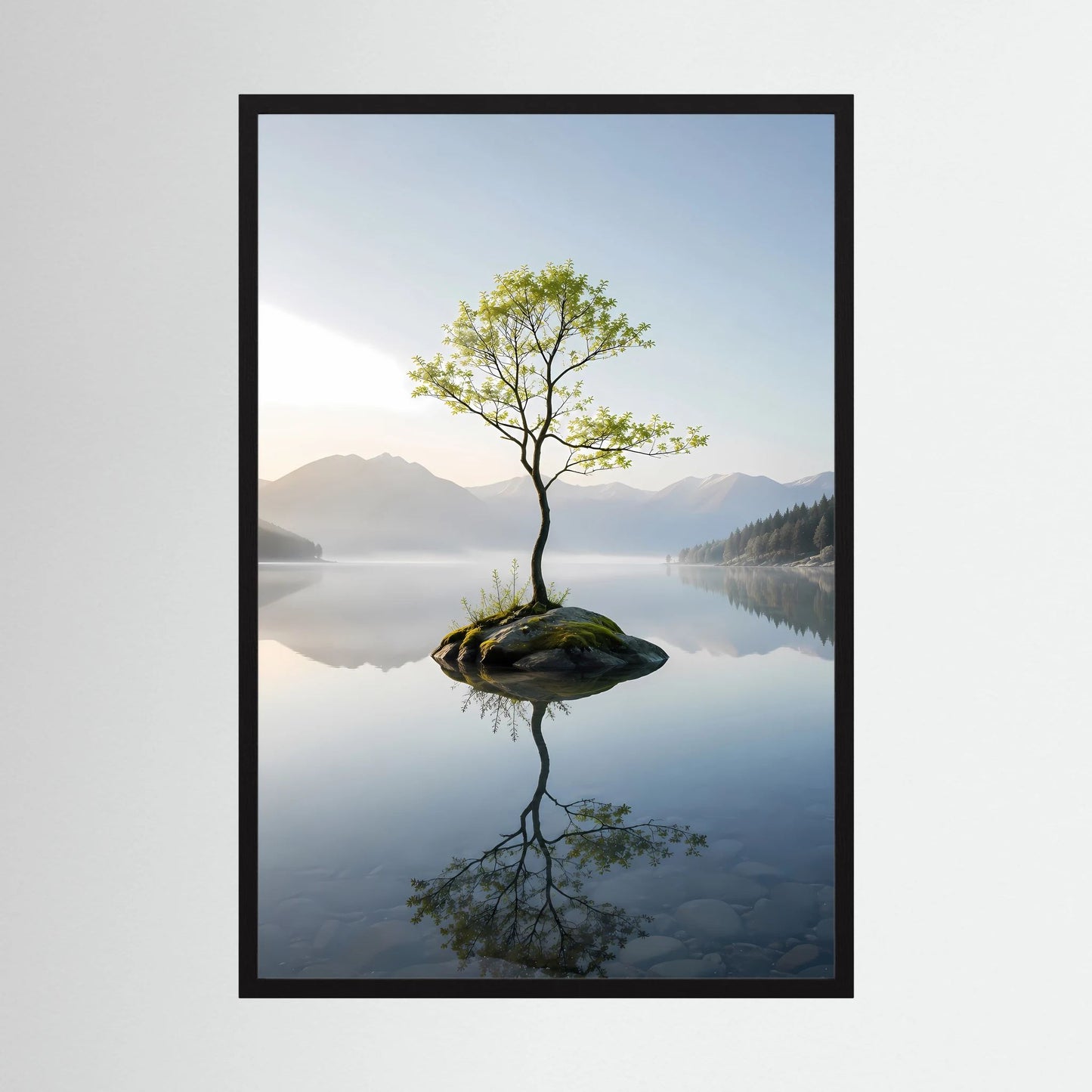 Hochformat-Poster mit schwarzem Rahmen: Baum auf Felsen, Spiegelung im Bergsee
