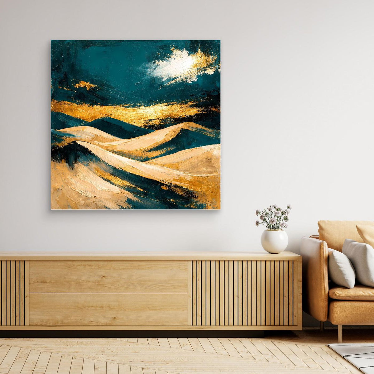 Abstraktes Wandbild mit Dünenlandschaft: Petrol, Beige und goldfarbene Farbakzente