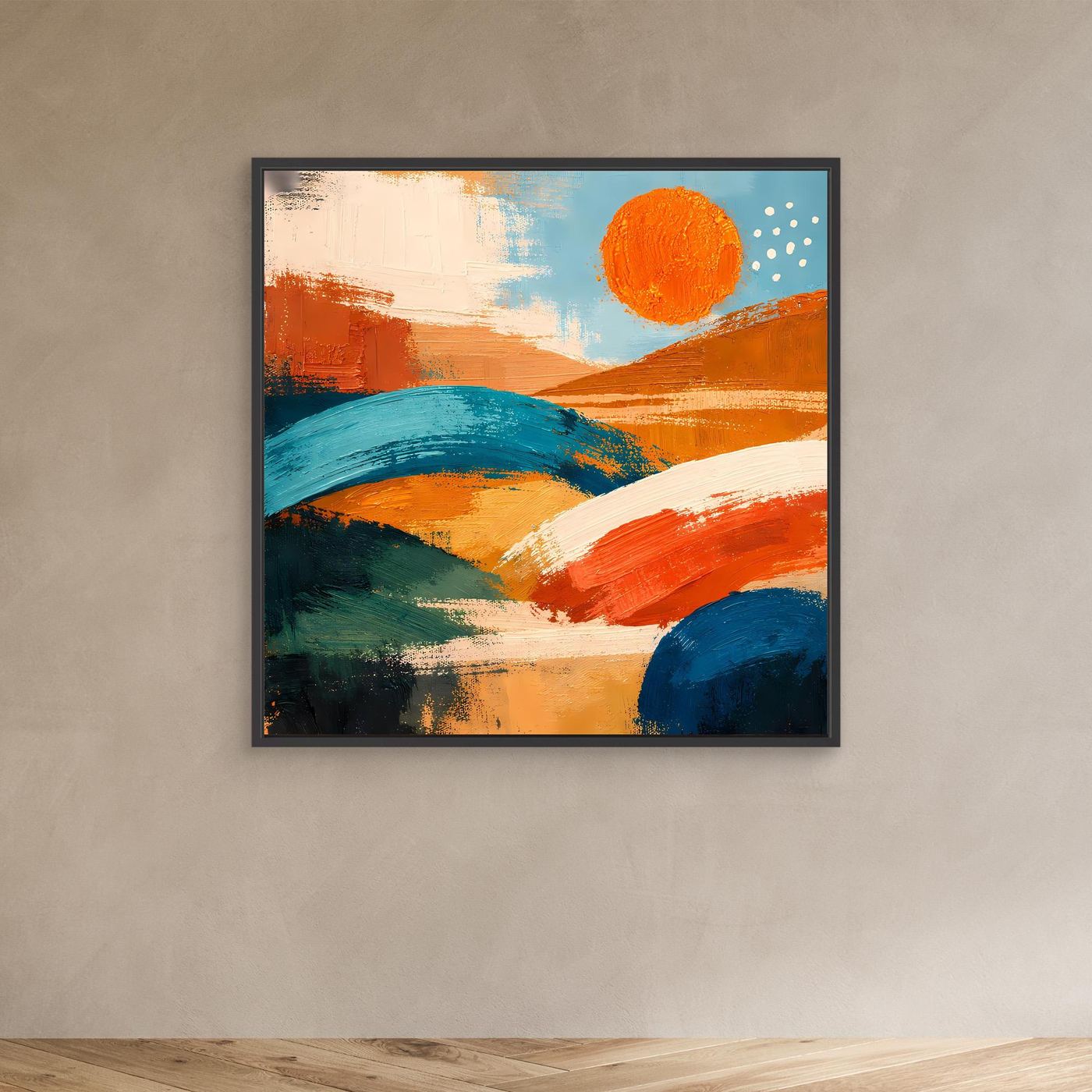 Abstract landscape wall art with black frame; orange and blue hills with orange sun