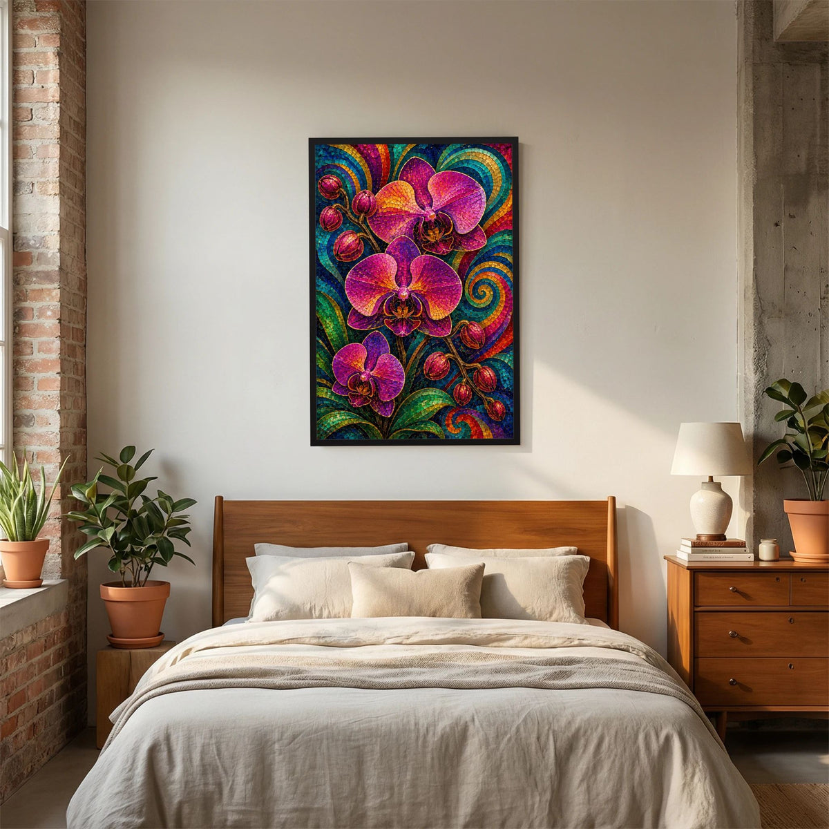 Orchideen-Mosaikposter (Hochformat) mit violetten Orchideen, im schwarzen Rahmen