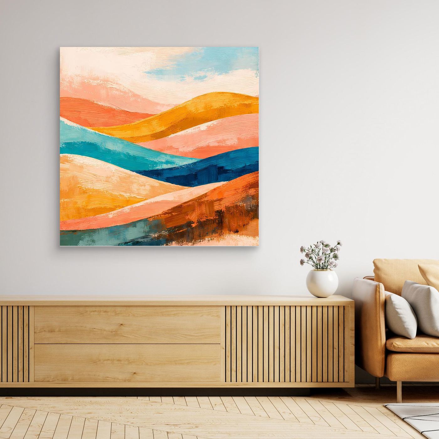 Framed canvas wall art with abstract orange, teal, and blue rolling hills
