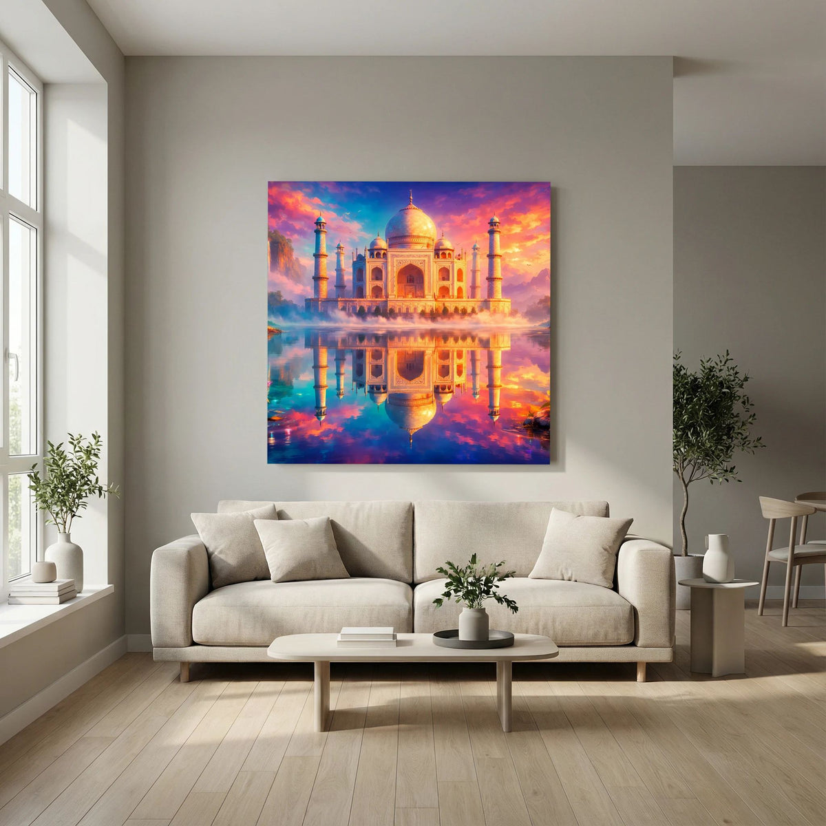 Leinwandbild Taj Mahal über Sofa: goldene Kuppel, Minarette und Spiegelung, auf Keilrahmen.
