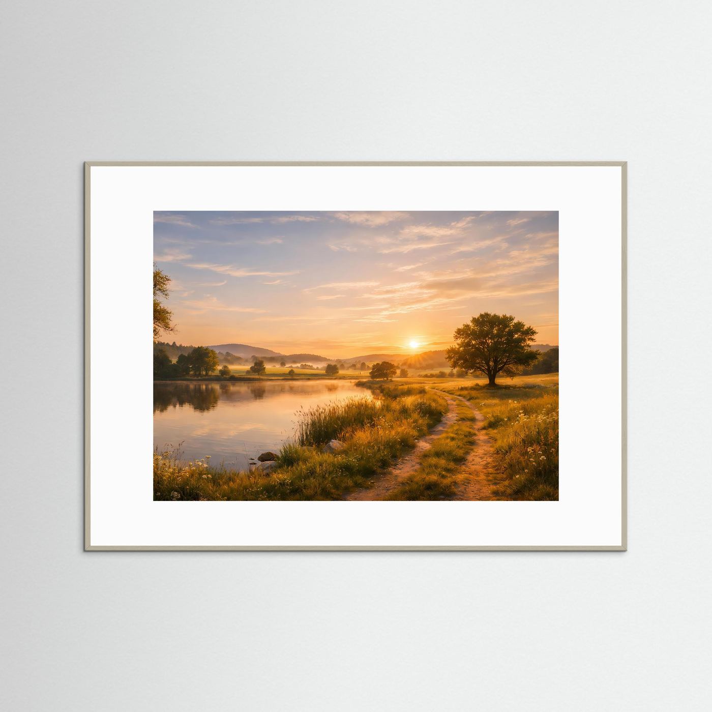 Naturposter mit Flusslauf und Sonnenaufgang, weißer Rahmen im Querformat