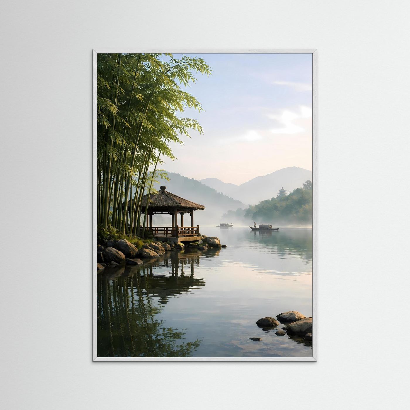 Poster Traditioneller Pavillon am Bambus-Flussufer | Klares Asiatisches Wandbild