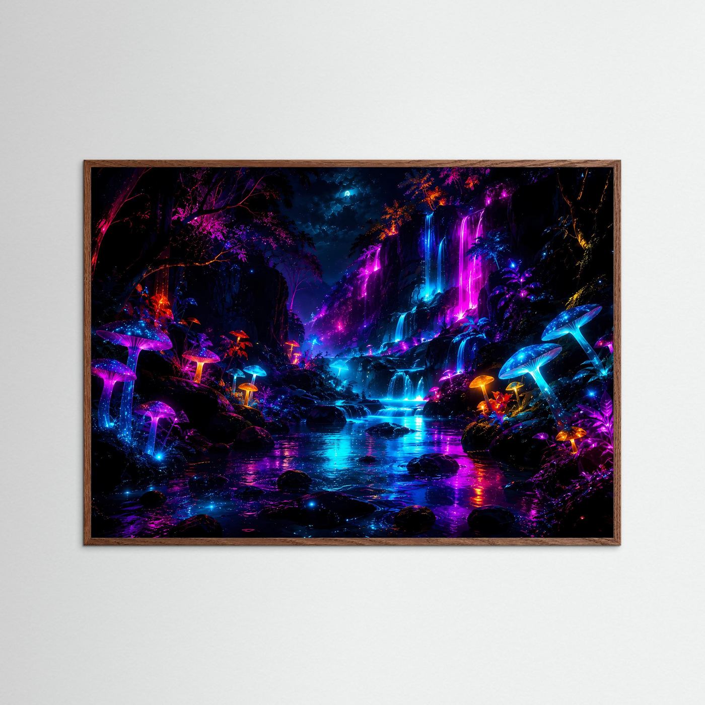 Wandkunst mit neonfarbenem Wasserfall und leuchtenden Pilzen, hellbrauner Holzrahmen