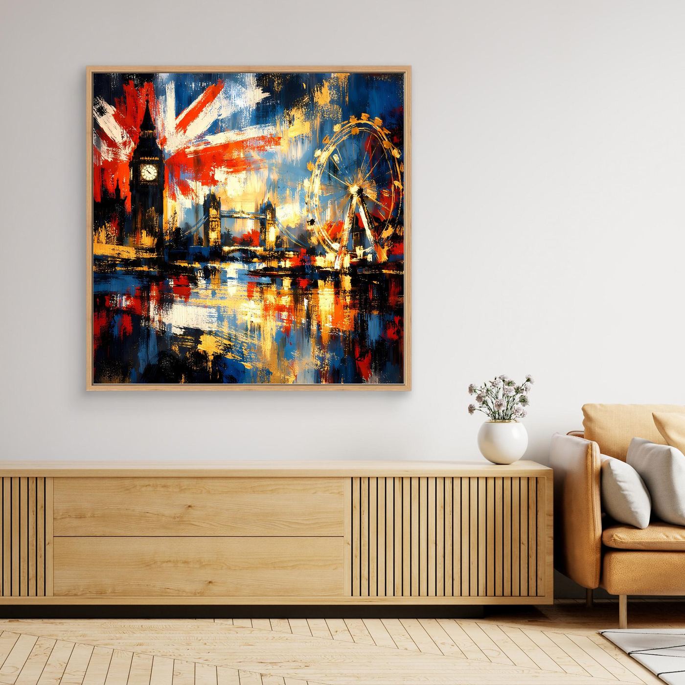 Gerahmtes abstraktes Leinwandbild: London-Skyline mit britischer Flagge, goldenen Lichtakzenten
