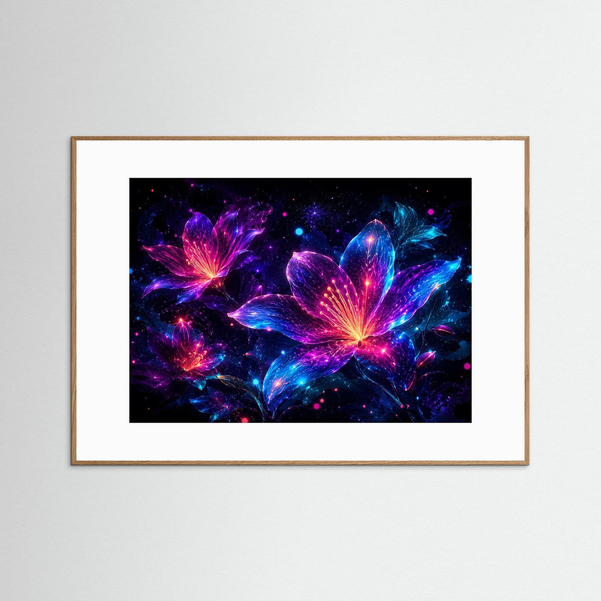 Neon-Blumenbild mit abstrakten Lilien in Pink, Violett und Blau, naturbraun gerahmt