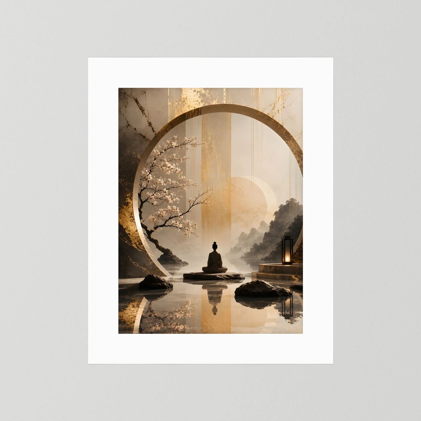 Zen-Kunstposter im goldenen Kreis mit sitzender Figur und Kirschblüten, Beige, weißer Rand