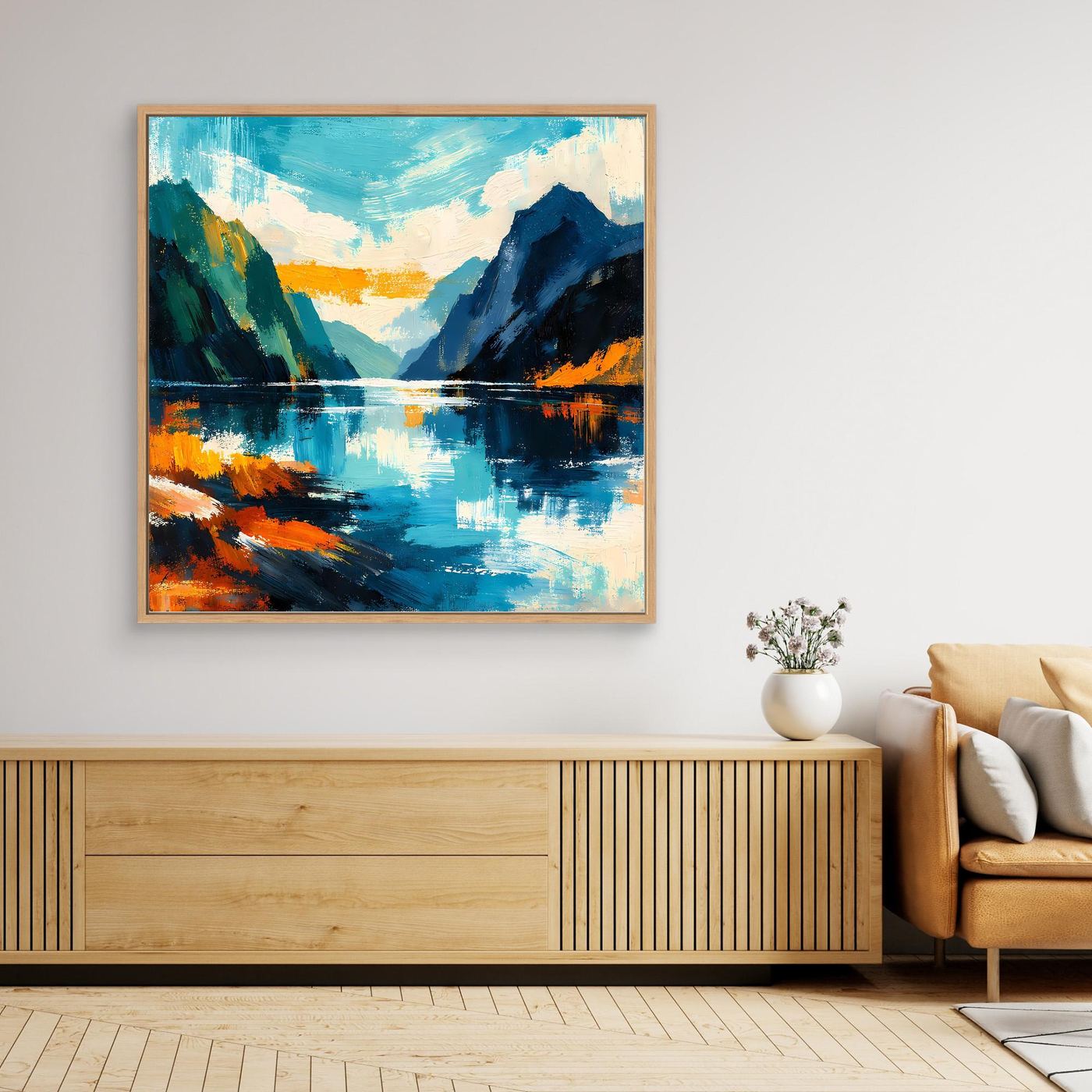 Gerahmtes Leinwandbild mit Fjordlandschaft in Blau, Türkis und Orange, Holzrahmen