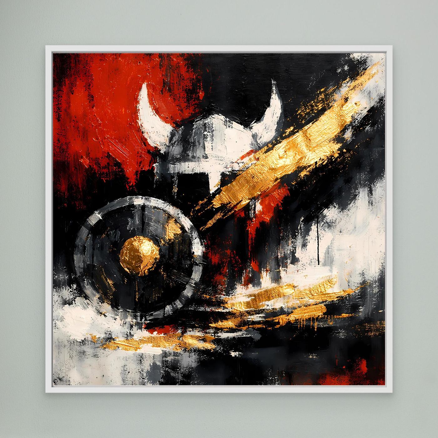 Leinwand-Wandbild mit abstraktem Wikingerschild und Helm, weiß gerahmt
