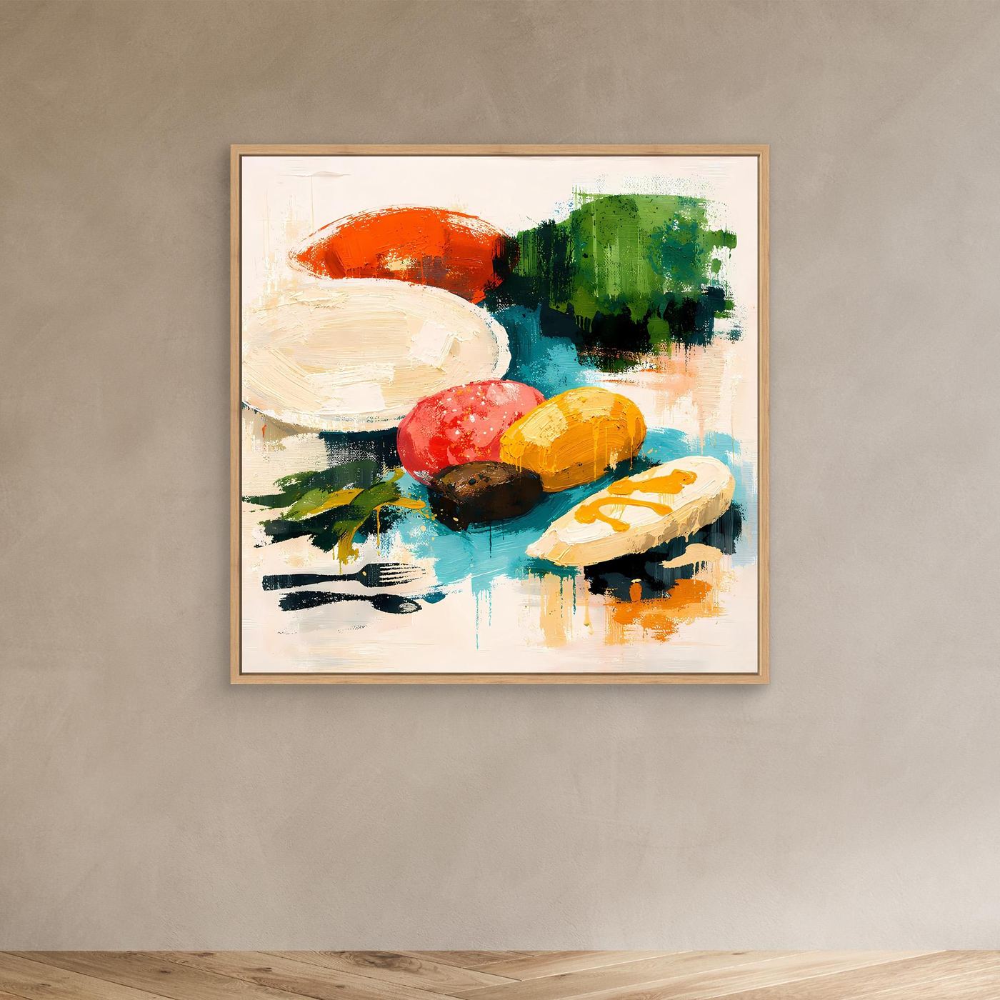 Abstraktes Leinwand-Wandbild mit Pinselstrich-Optik und farbigen Lebensmittelmotiven im Eichenrahmen