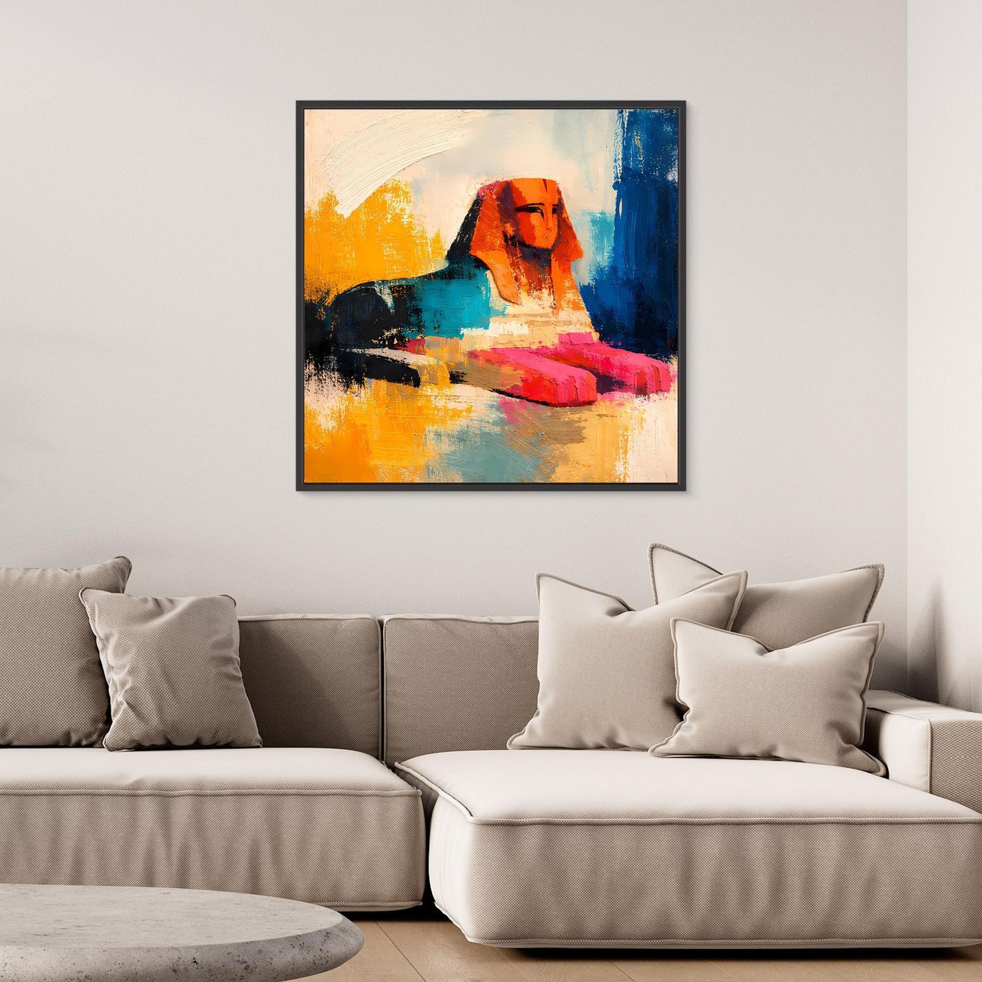 Framed abstract Egyptian sphinx canvas wall art in orange, blue, teal, and pink