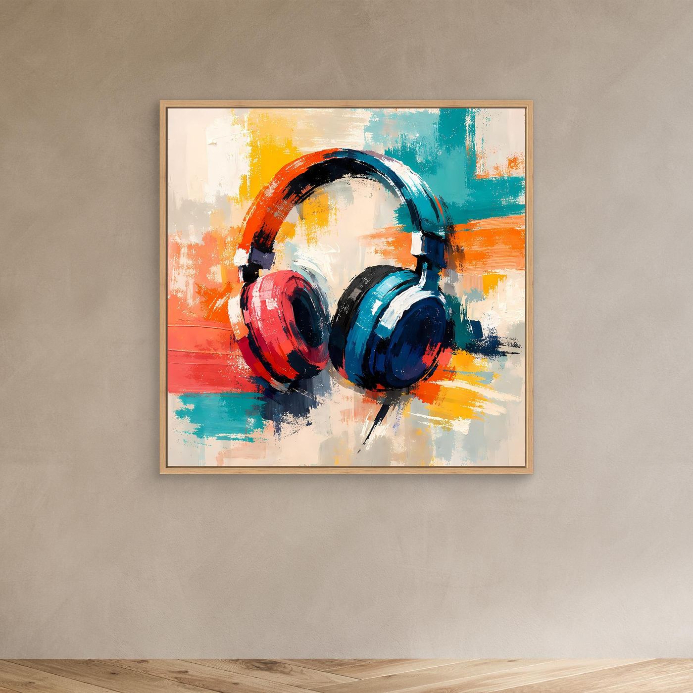 Abstract headphone wall art in light wood frame; red, teal, and blue paint strokes