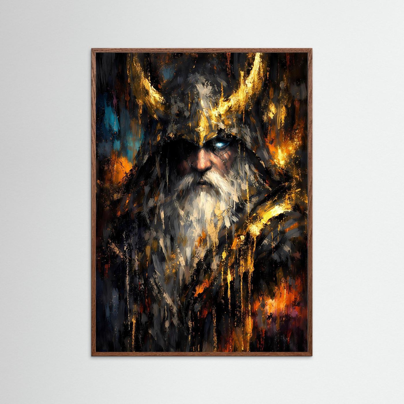 Wikinger-Poster im dunklen Eichenholzrahmen, Odin-Gesicht abstrakt in Gold und Schwarz