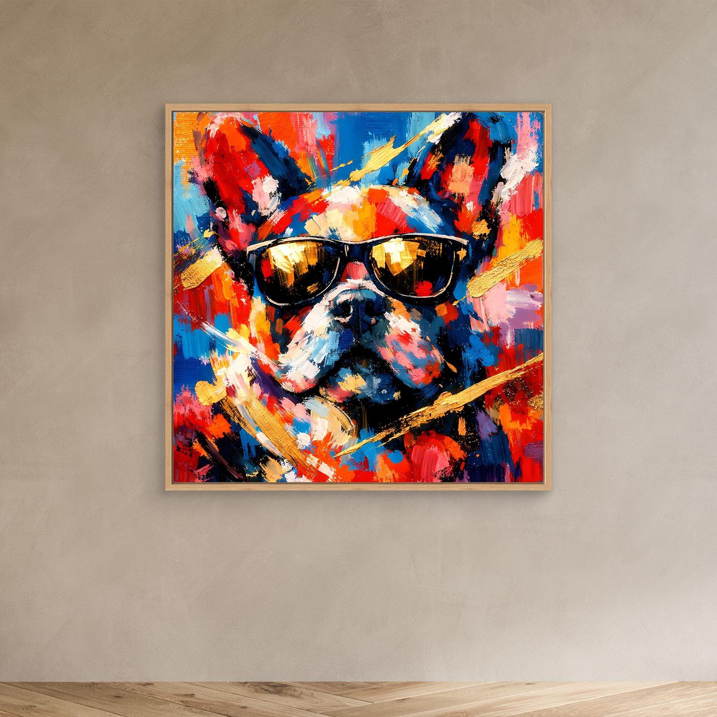 Abstraktes Leinwandbild mit Eichenrahmen: Französische Bulldogge mit Sonnenbrille, bunt