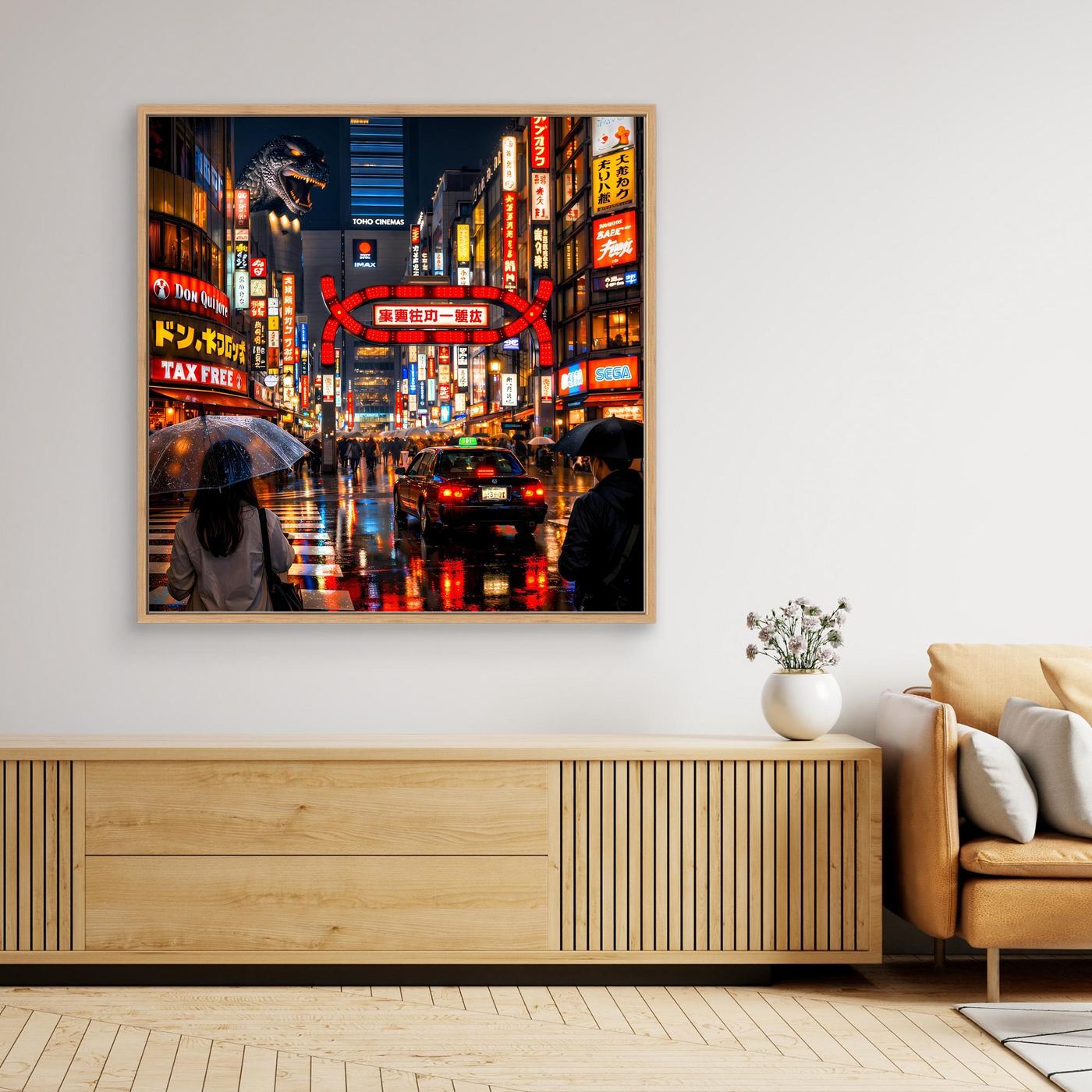 Leinwand Pulsierendes Tokio bei Nacht | Urbanes Kabukicho Kaiju Wandbild