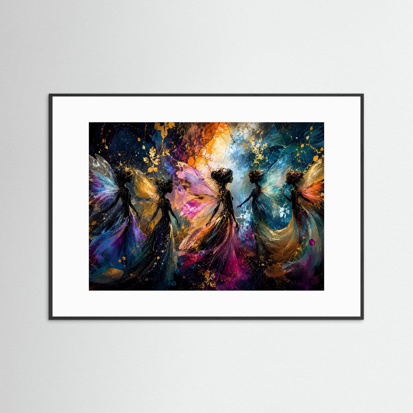 Fantasy-Poster im Querformat mit Elfen und Flügeln, schwarzer Rahmen und weißer Rand