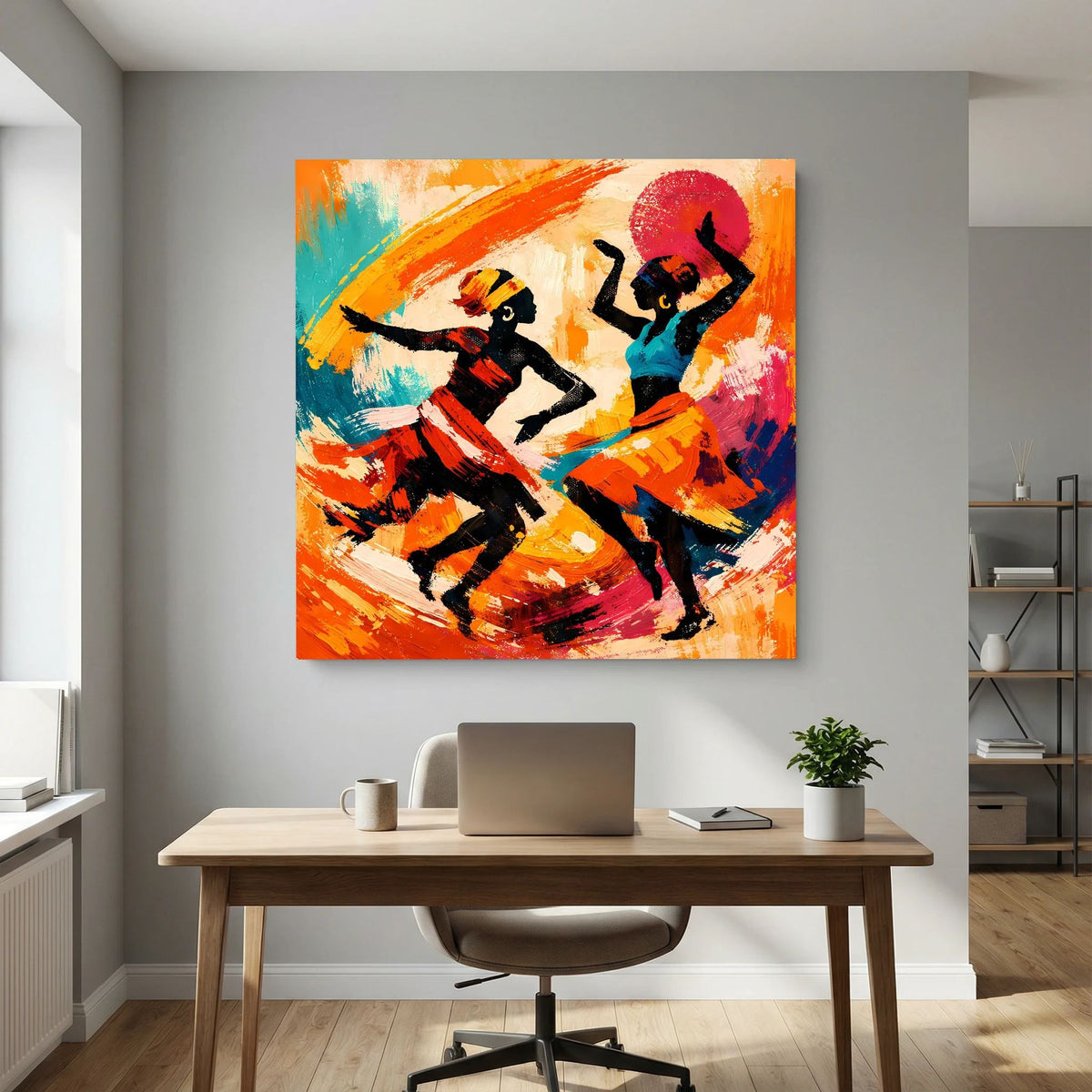 Abstraktes Leinwandbild: tanzende Figuren mit schwarzem und blauem Körper, orangefarbene Pinselstriche