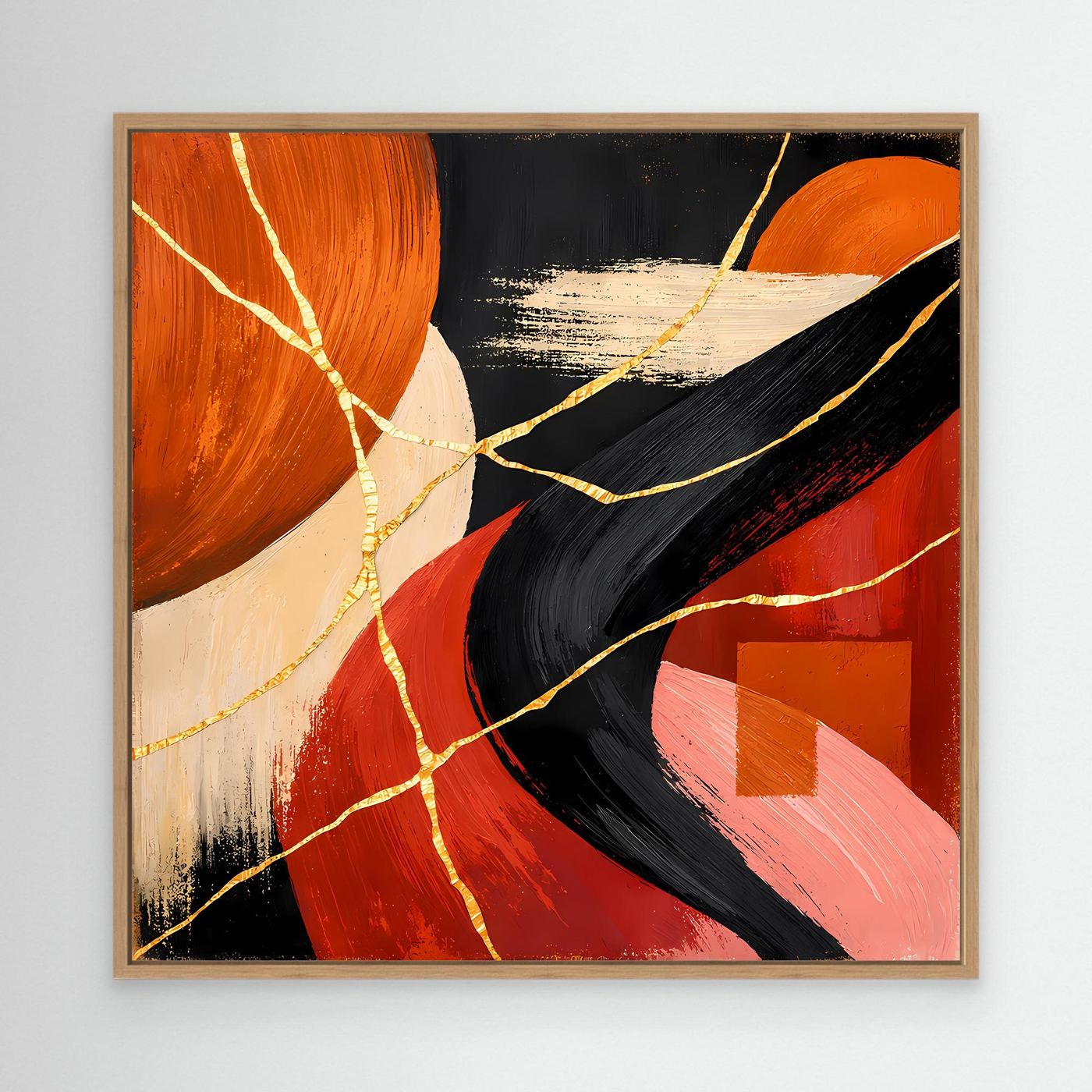 Abstraktes Leinwandbild mit goldenen Risslinien in Rot, Schwarz und Creme, Eichenrahmen