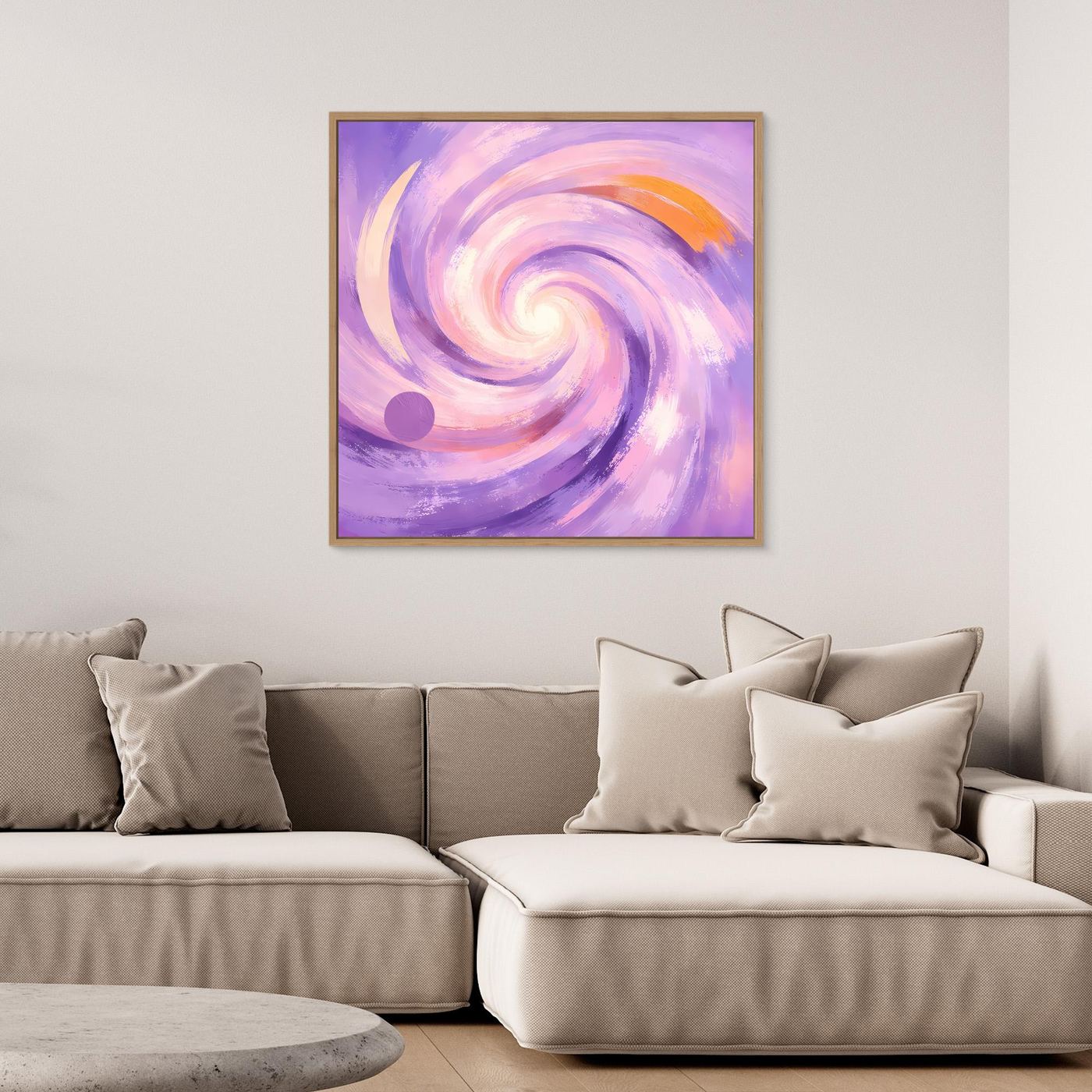 Gerahmtes Leinwandbild mit abstraktem Pastellwirbel in Flieder und Rosa, orange Akzent