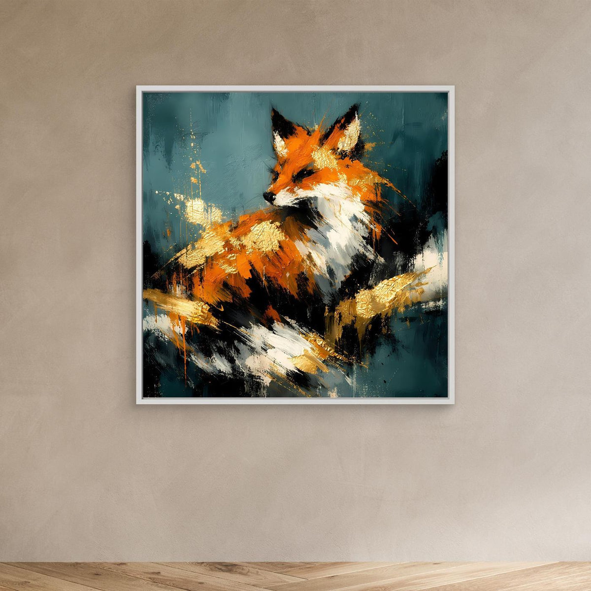 Leinwand-Wandbild mit silbernen Rahmen: abstrakter Fuchs in Orange, Weiß und Gold