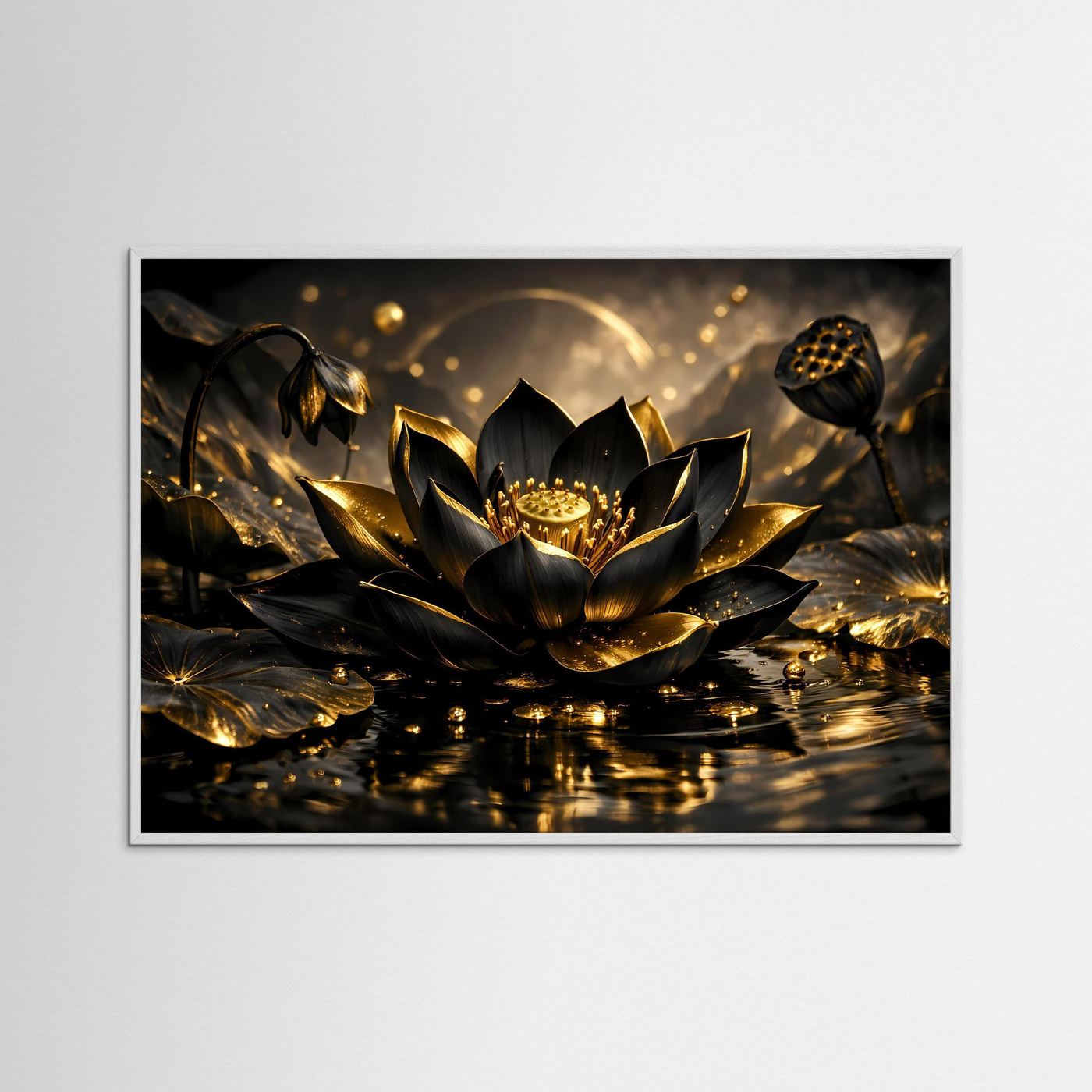 Lotusblüten-Wandbild Querformat, schwarze Lotusblüte mit goldenen Effekten, schwarzer Rahmen