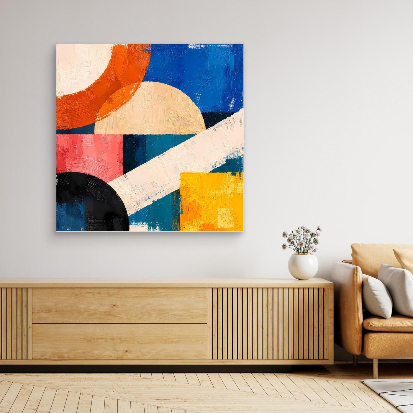 Abstract geometric canvas wall art with blue, orange, red, yellow and white forms