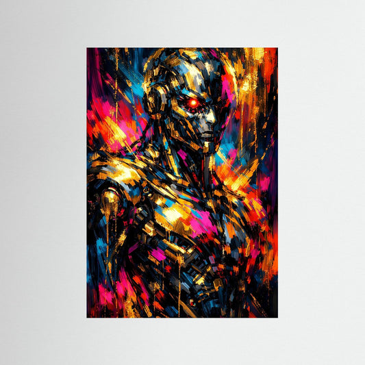 Cyberpunk-Poster mit Roboterkopf, Neon- und Goldakzenten, im schwarzen Rahmen