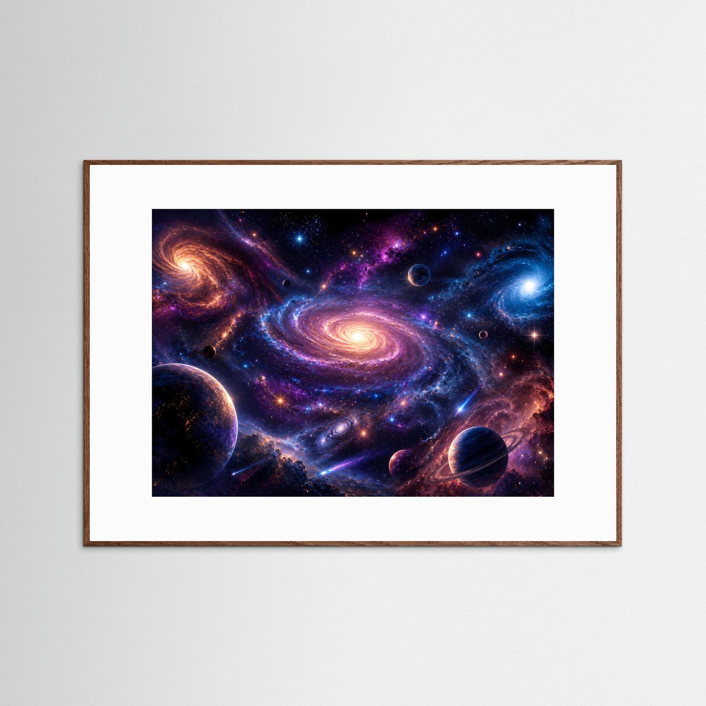 Galaxien-Poster im Querformat, braun gerahmt, mit weißem Passepartout und Planetenszene